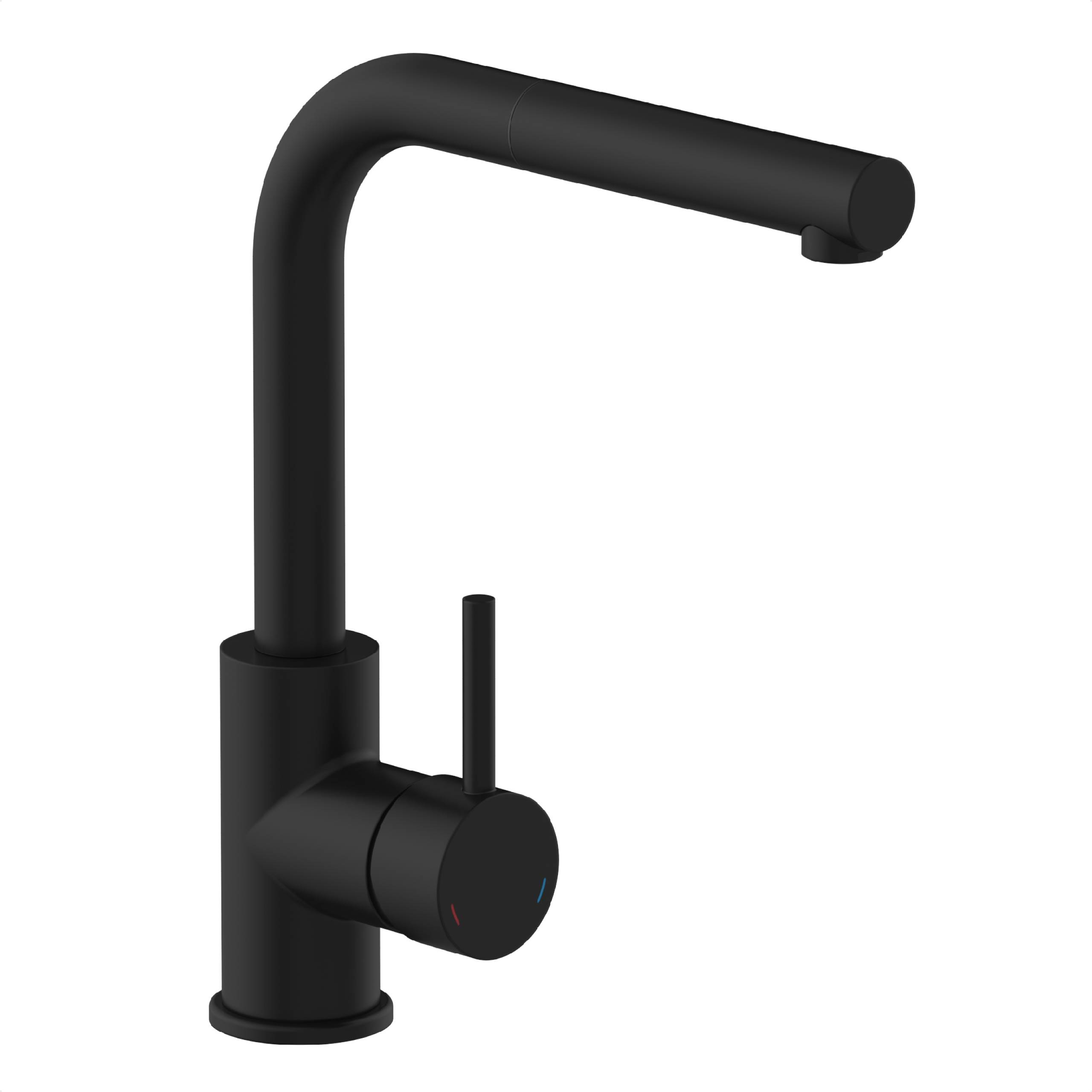 Ein eleganter, moderner schwarzer Küchenarmaturen mit zylindrischer Basis und geschwungenem Ausläuferdesign, mit einem einseitigen Seitenhebel zur Wasserkontrolle.