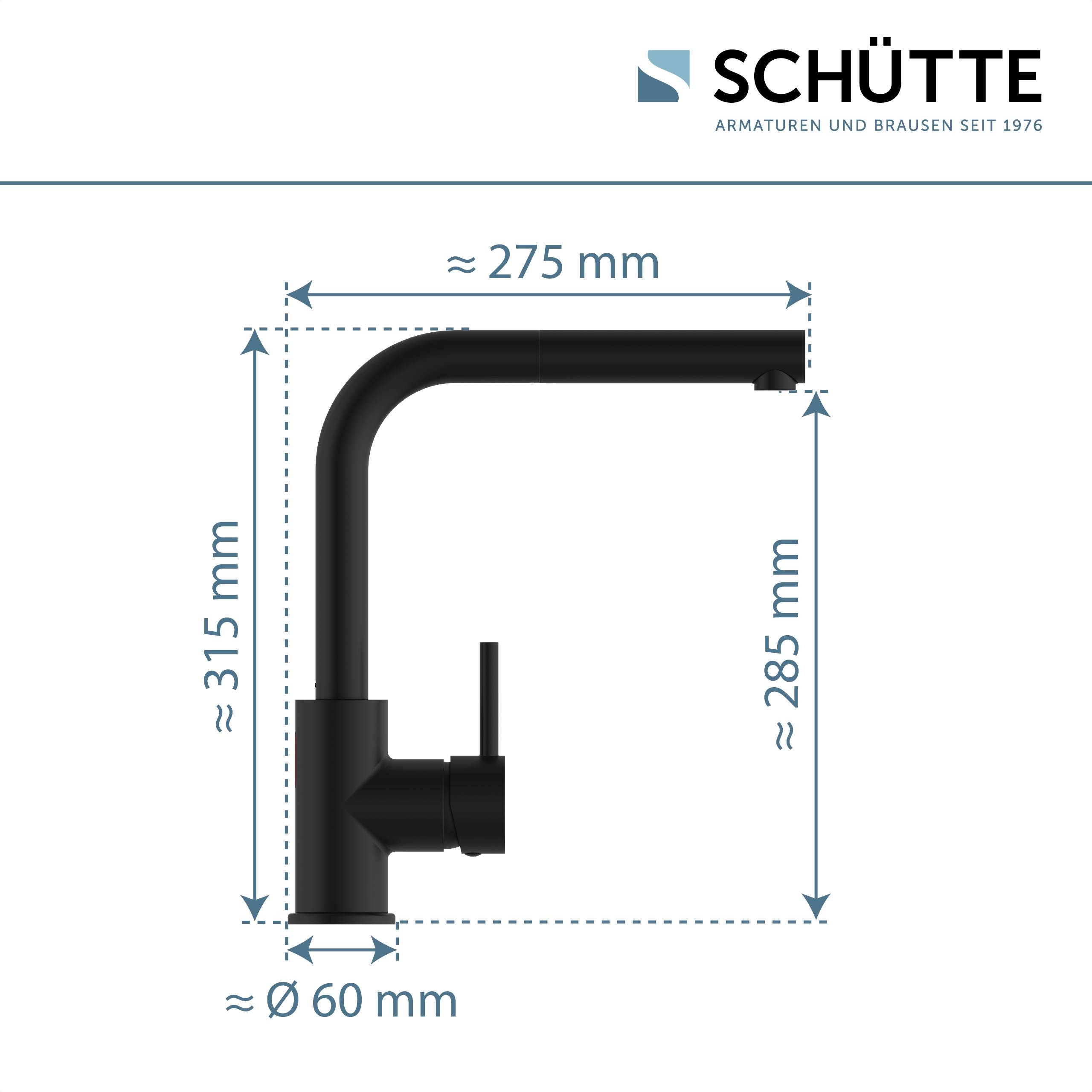 Schwarzer Küchenhahn mit hochgeschwungenem Auslauf, mit einer Höhe von etwa 315 mm, einer Reichweite von 275 mm und einem Basisdurchmesser von 60 mm.
