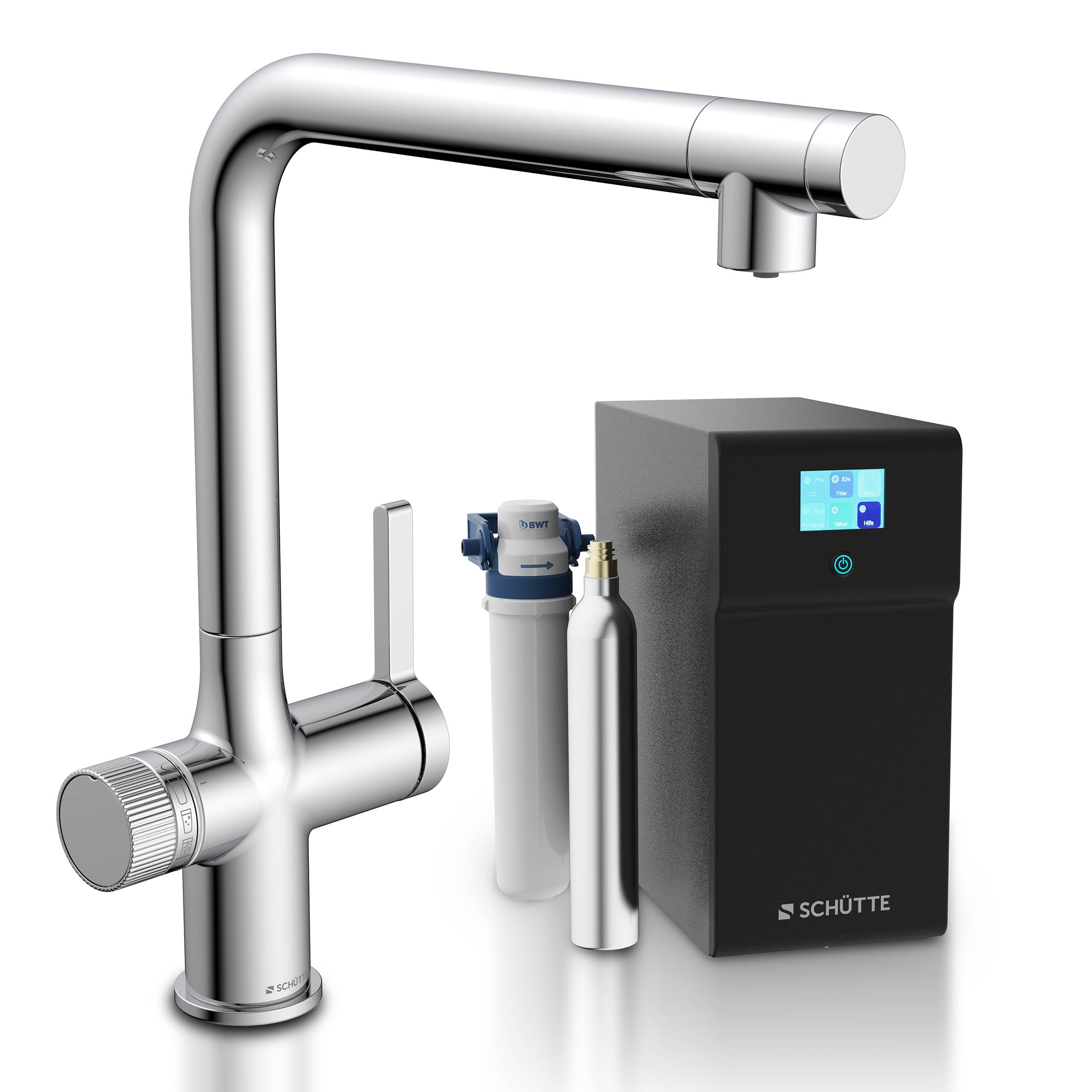 Ein moderner, metallischer Wasserhahn mit Filtrationssystem, begleitet von einer Filterkartusche und einer zylindrischen Komponente, alle mit der Marke „Schütte
