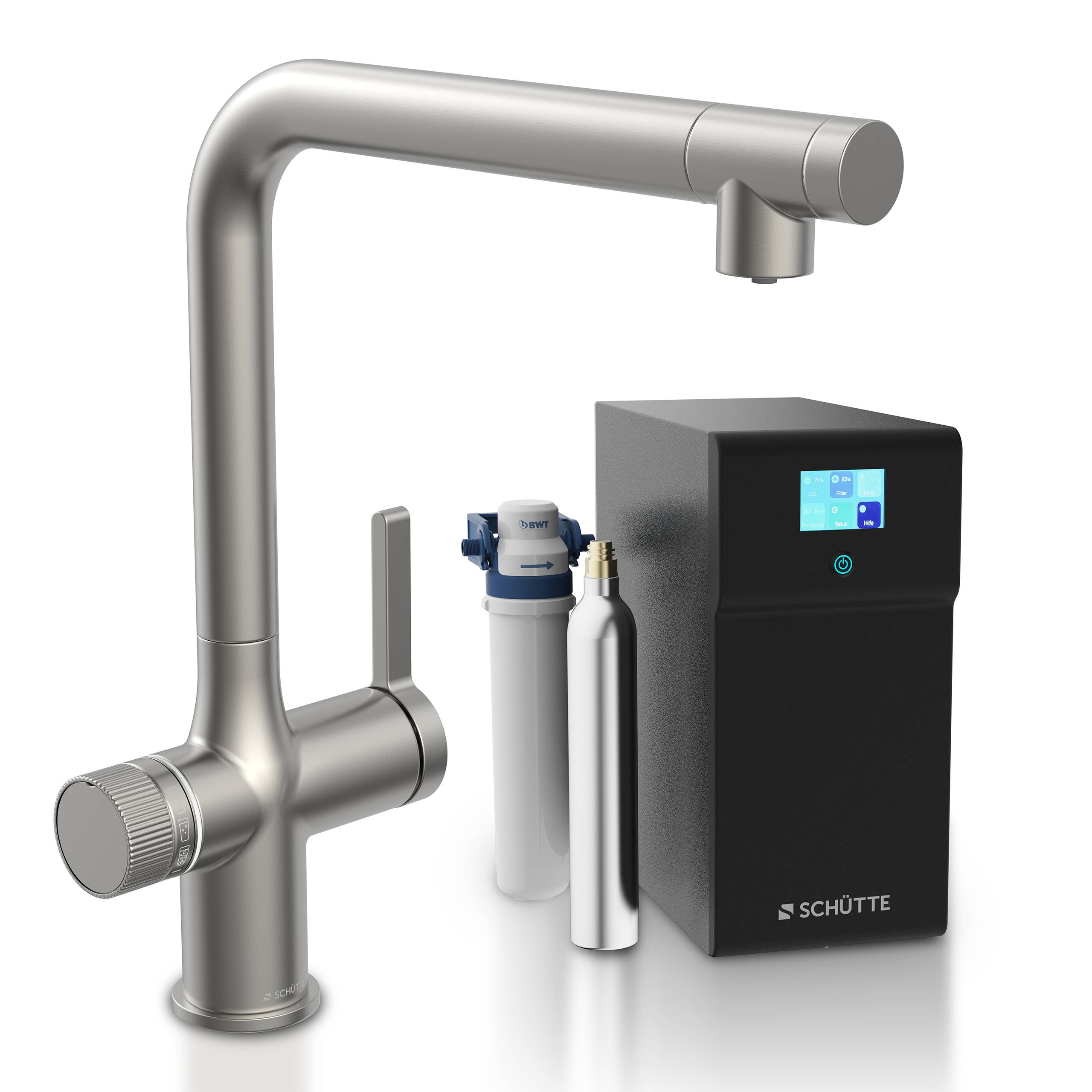 Metallische Küchenarmatur mit separater Wasserfiltration und Behälter, einschließlich digitaler Anzeige.