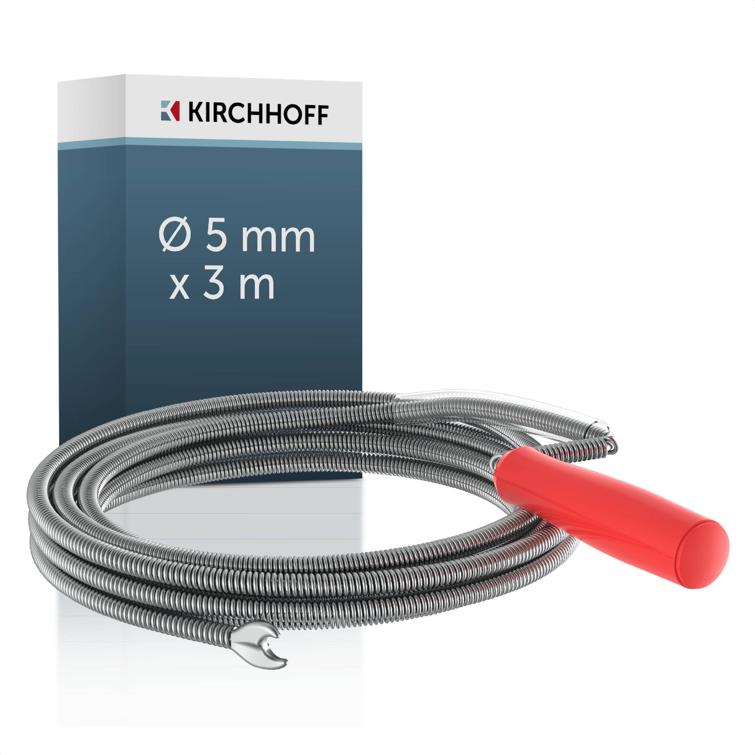 Eine gewickelte Metallabflussschlange mit einem roten Griff, 5 mm im Durchmesser und 3 Meter lang, wird vor einer Box mit der Aufschrift 