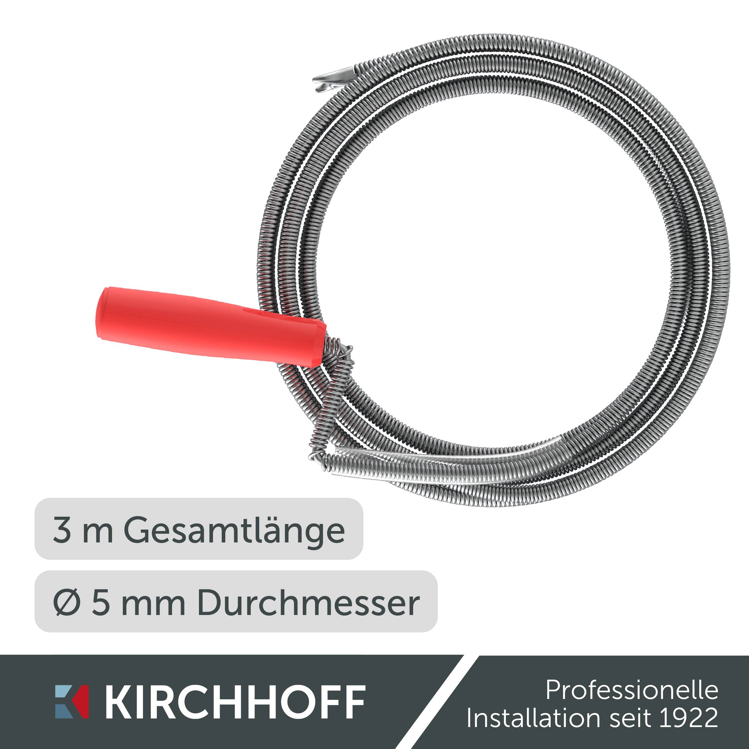 Ein aufgewickeltes Metallkabel mit einem roten Griff, beschriftet mit '3 m Gesamtlänge, Ø 5 mm Durchmesser'. Der Markenname 'KIRCHHOFF' ist sichtbar.