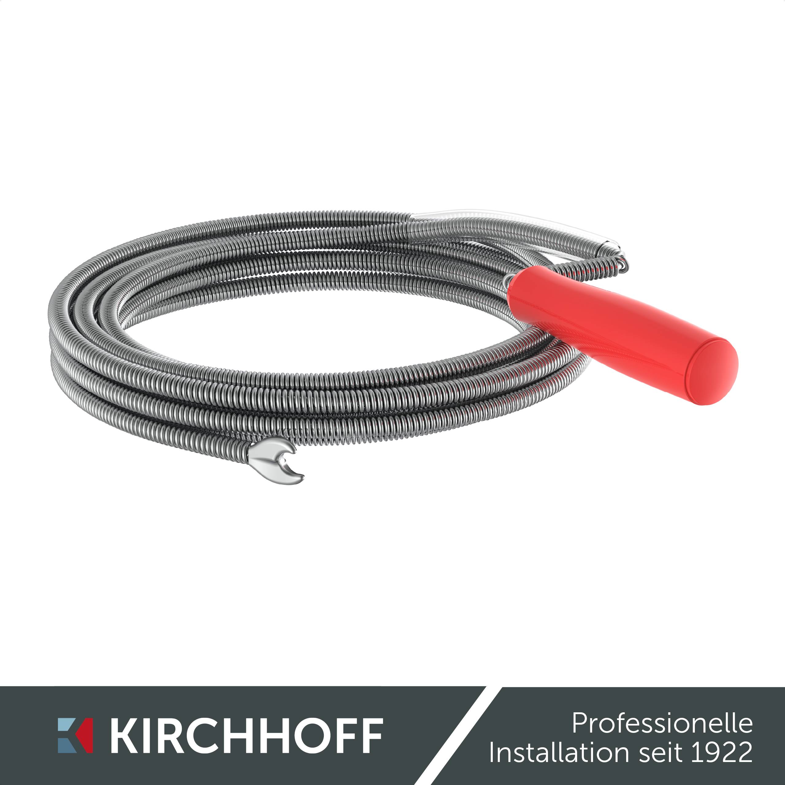 Eine gewickelte Metallabflussschlange mit einem roten Griff auf weißem Hintergrund. Text darunter liest: 'KIRCHHOFF Professionelle Installation seit 1922'.