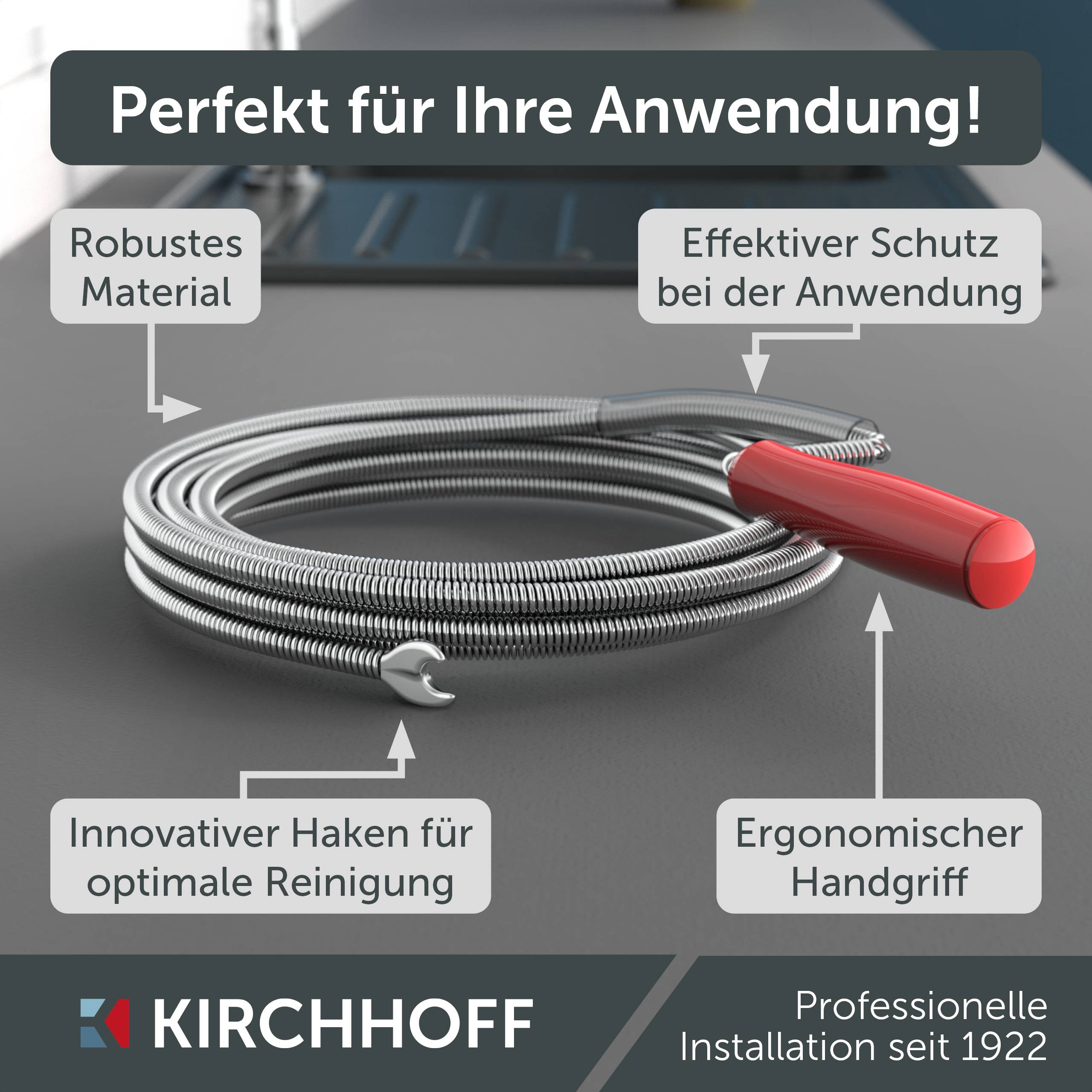 Aufgewickelter Metallschlauch mit rotem Griff auf einem Tisch, beschriftete Merkmale: 'Robustes Material', 'Effektiver Schutz', 'Innovativer Haken', 'Ergonomischer Handgriff'.