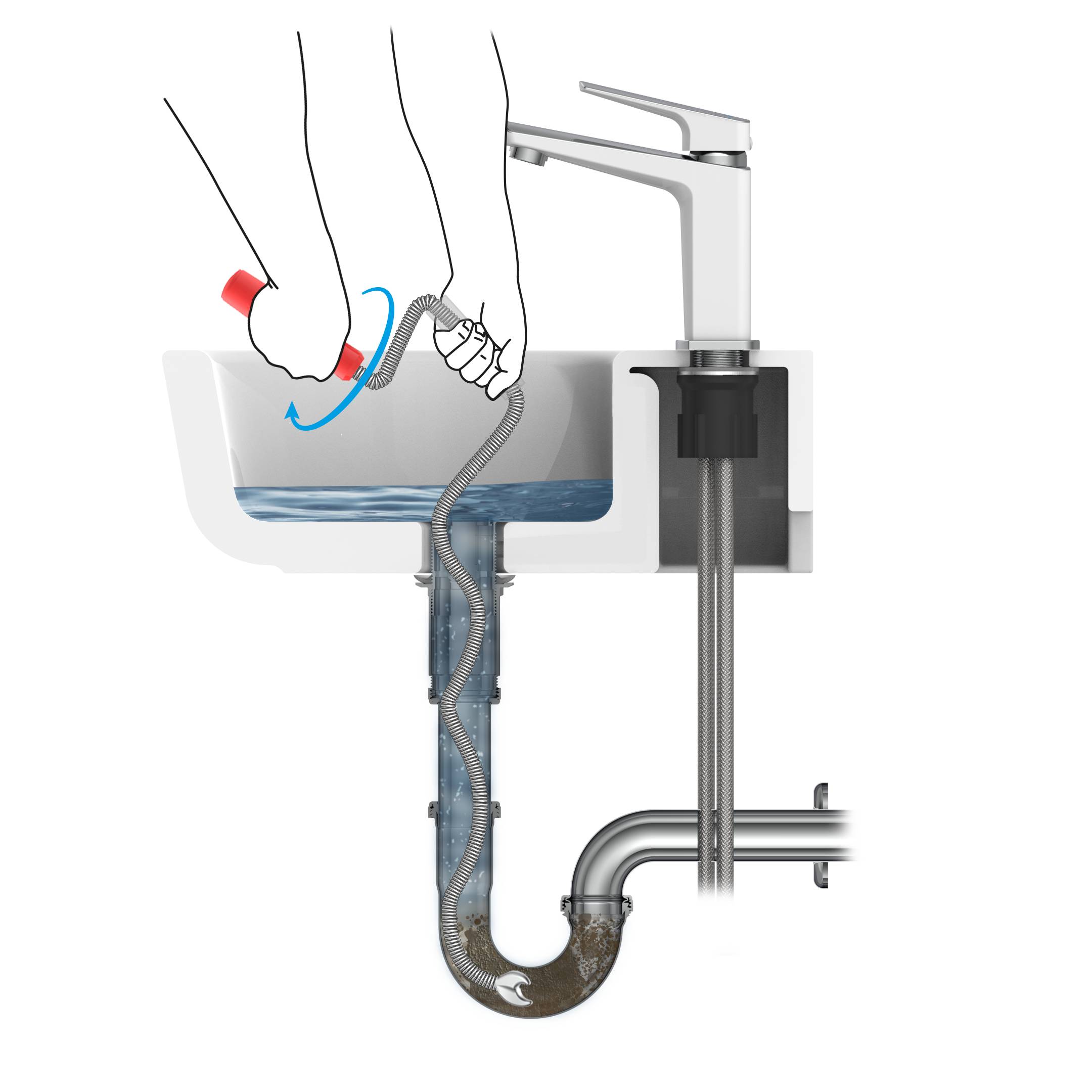 Diagramm einer Hand, die Rohrreiniger gießt, um einen Verstopfung aufzulösen, mit sichtbarem Waschbecken und Rohrsystem, das die Position der Verstopfung zeigt.