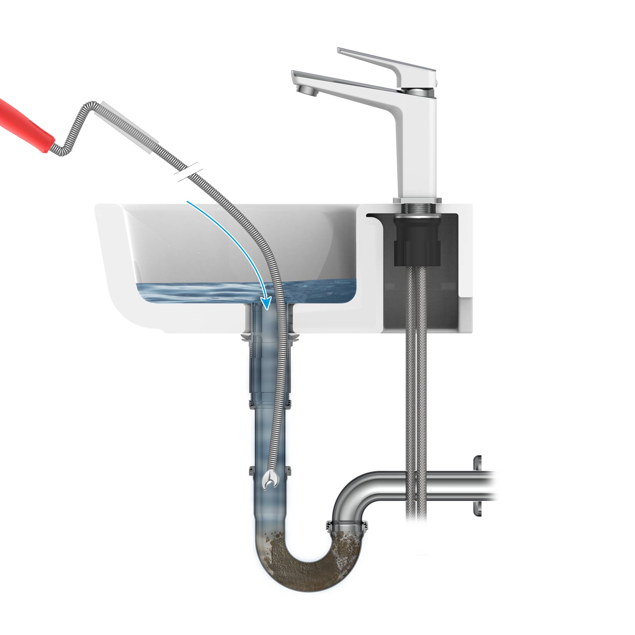 Querschnittsdiagramm eines Waschbeckens zeigt Wasser, das durch einen Abfluss fließt und den Weg und die Funktion von Klempnerkomponenten verdeutlicht.