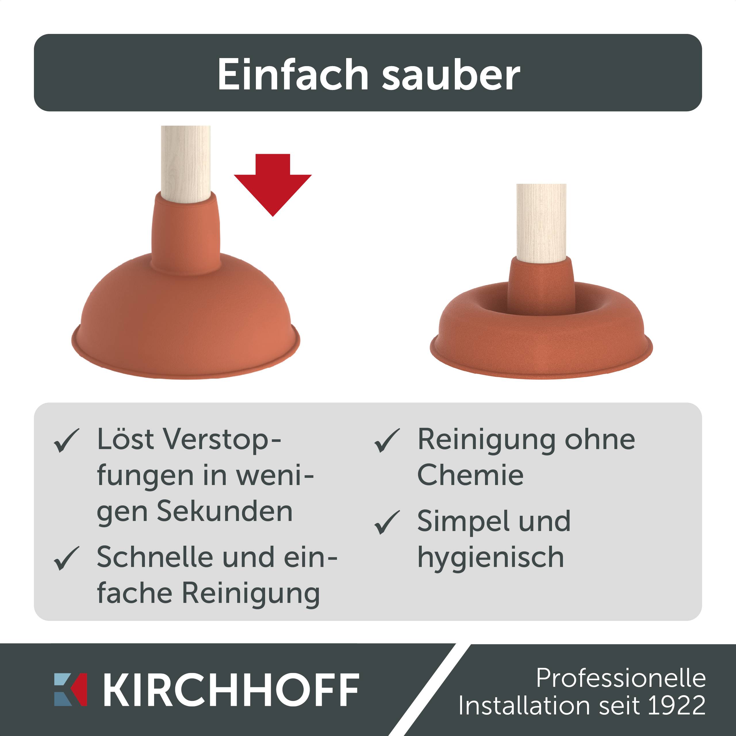 Ein roter Kolben mit Griff; Vorteile auf dem Etikett: 