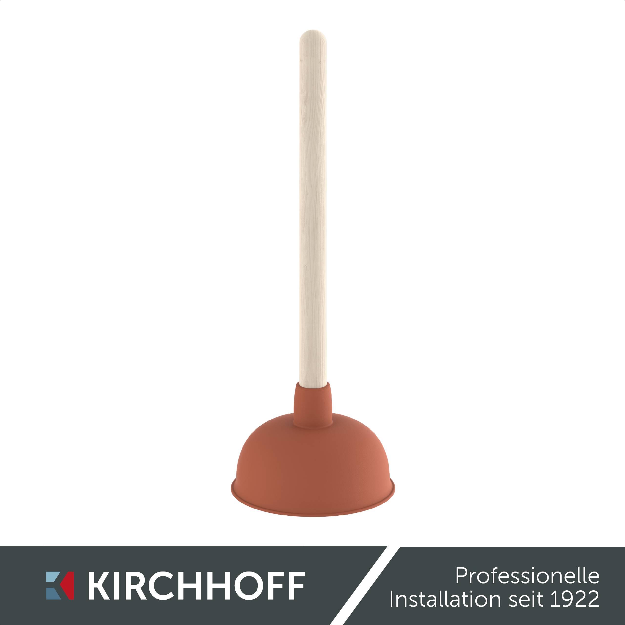 Ein Kolbenheber mit einem Holzgriff und einer roten Gummibasis wird vor einem weißen Hintergrund gezeigt. Darunter steht der Text 'KIRCHHOFF Professionelle Installation seit 1922.