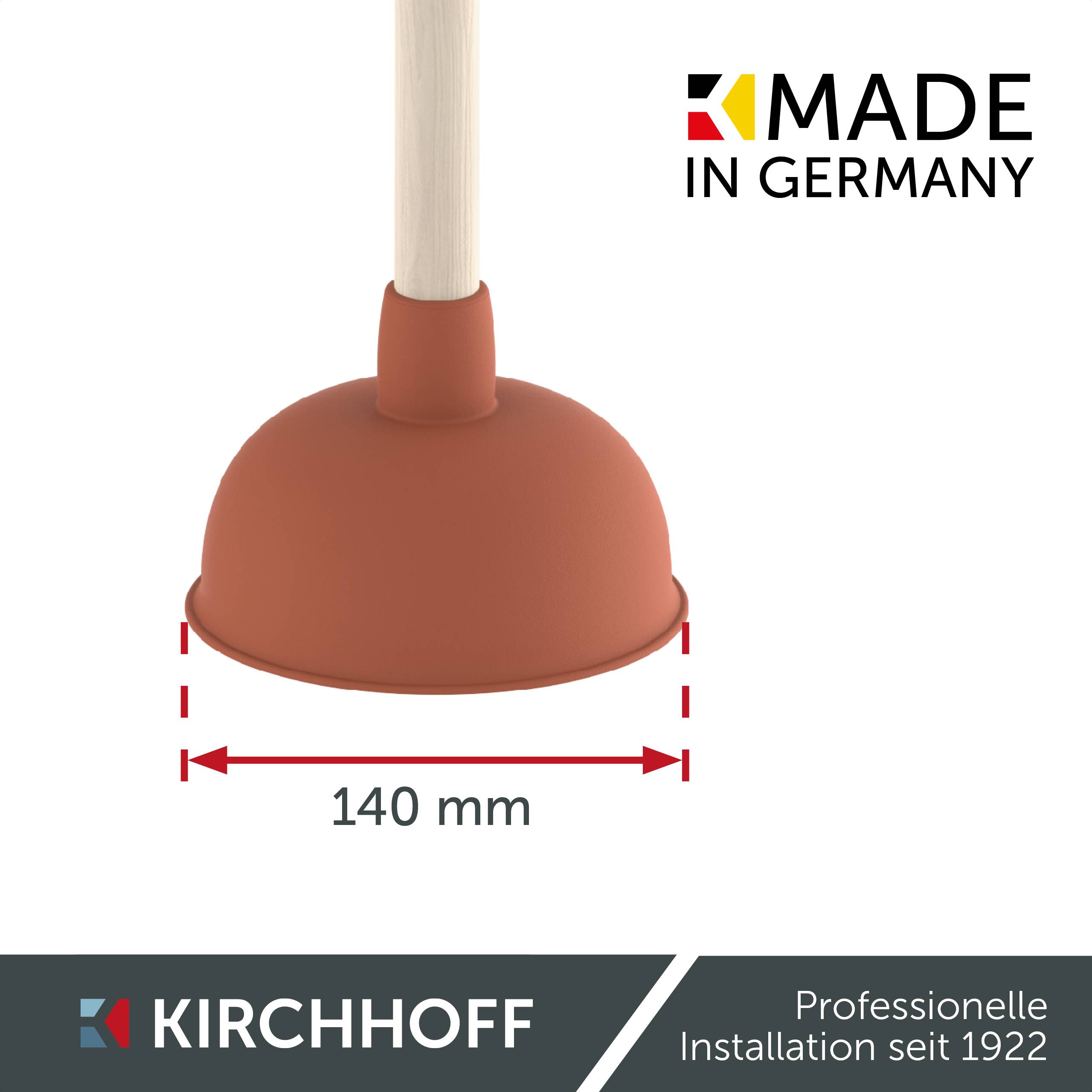 Ein roter Kolbenheber mit einem Holzgriff wird gezeigt, zusammen mit dem Text „MADE IN GERMANY