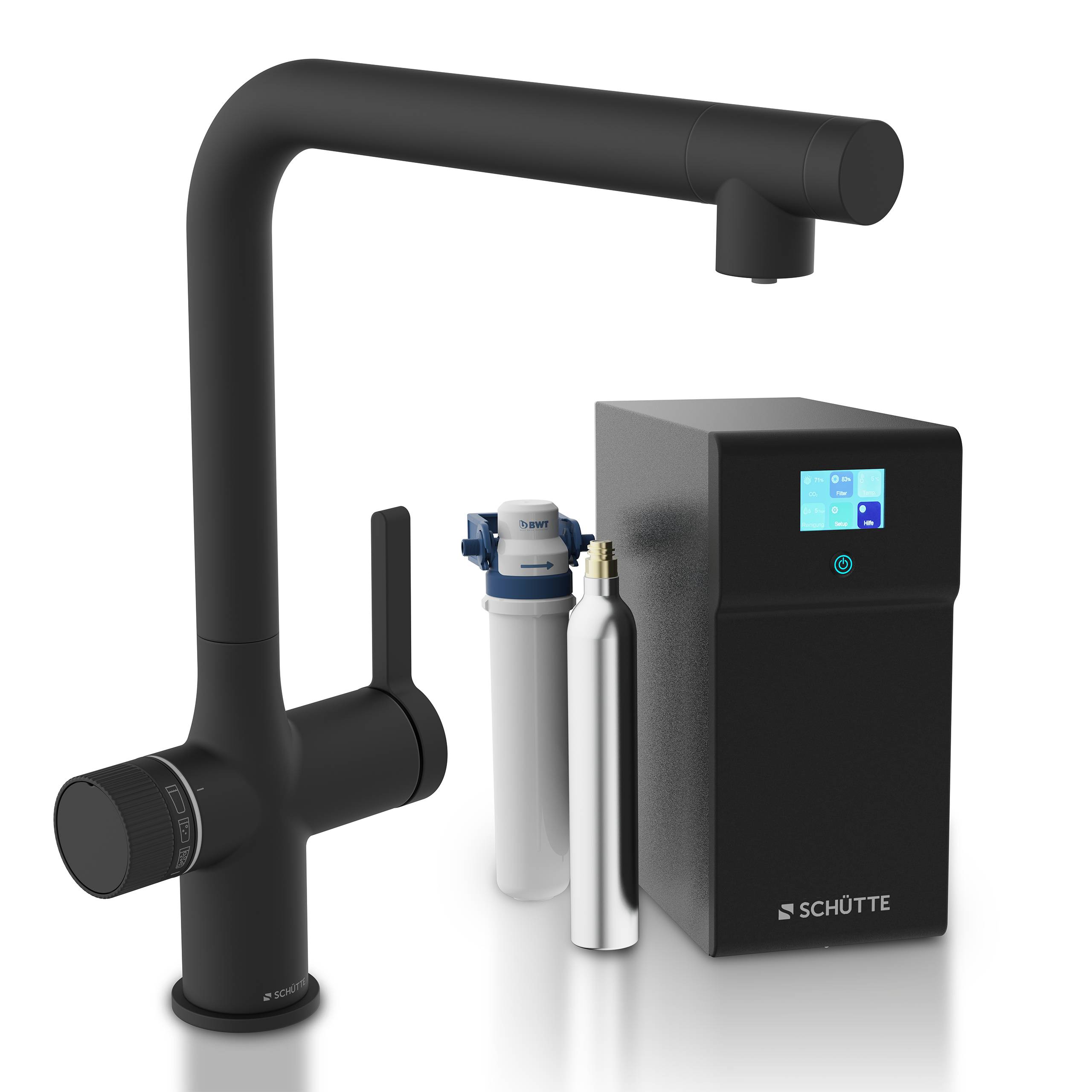 SCHÜTTE' schwarzer Küchenhahn mit Bedienungsknöpfen, zusammen mit einem Wasserfiltrationsystem und einer CO2-Flasche für verbesserte Wasserqualität.
