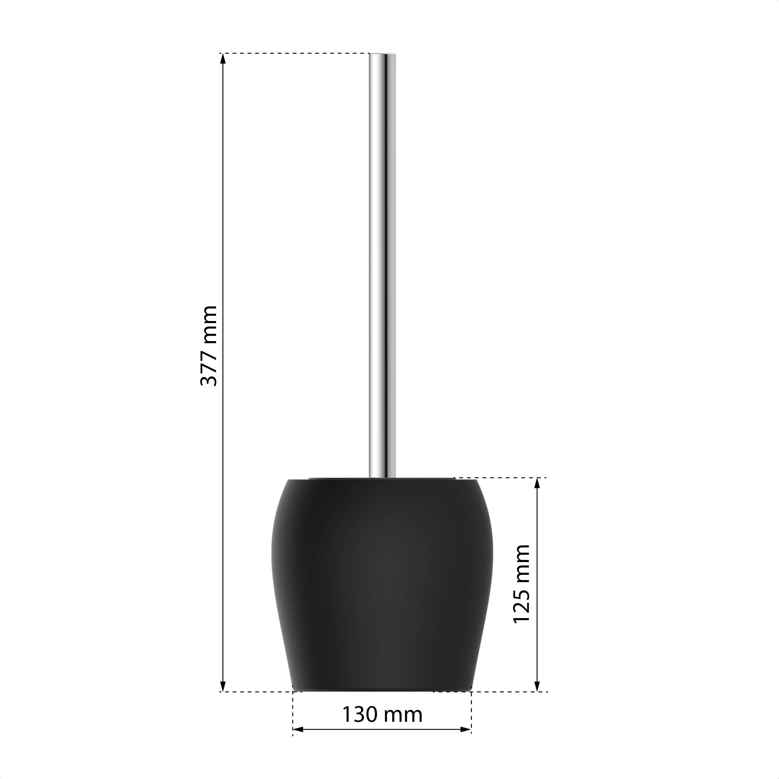 Ein schlanker schwarzer Toilettenbürste mit einem metallischen Griff vor einem einfarbigen schwarzen Hintergrund.