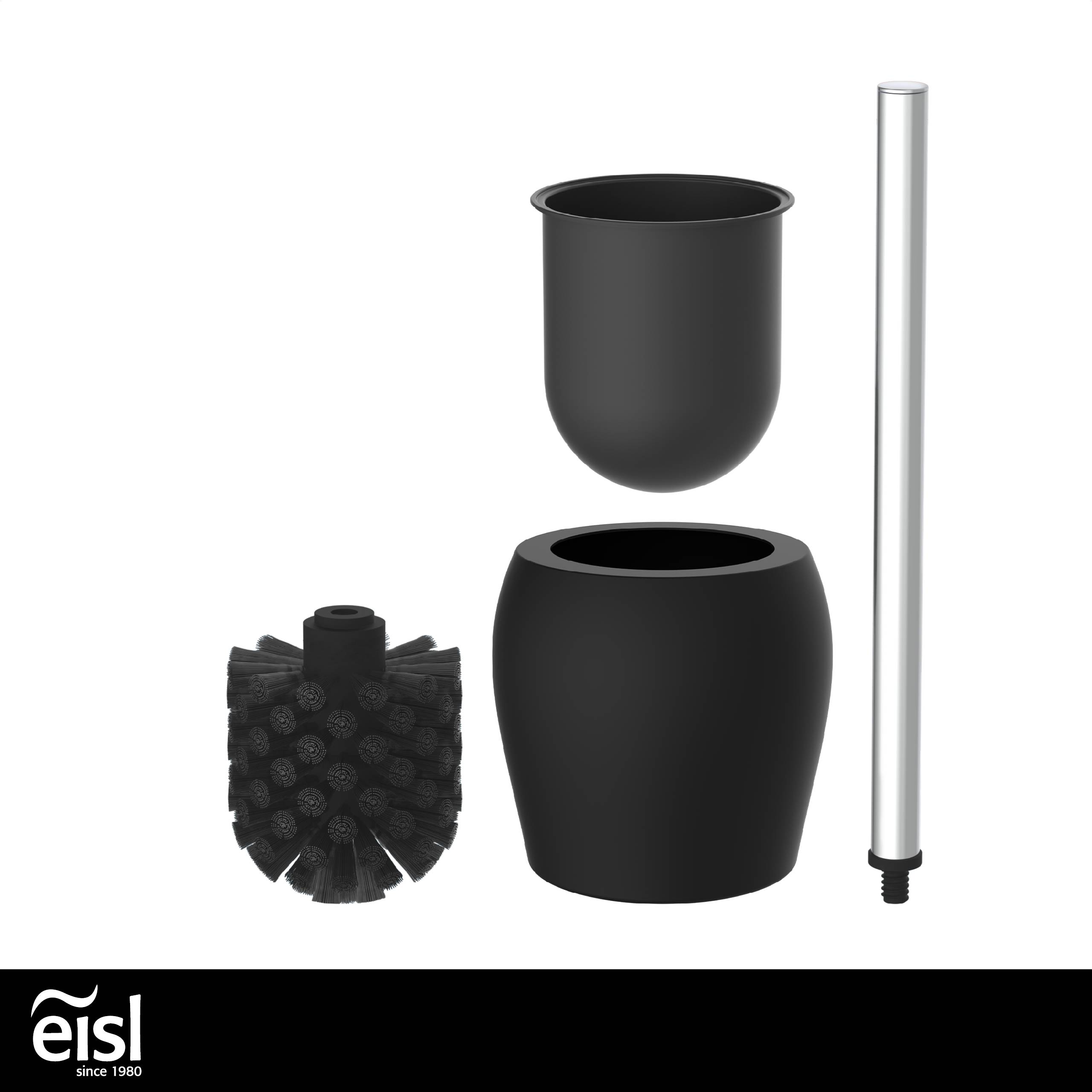 Schwarzes Toilettenbürsten-Set mit Halter, Stange und Bürstenkopf getrennt dargestellt. Logo in der linken unteren Ecke.