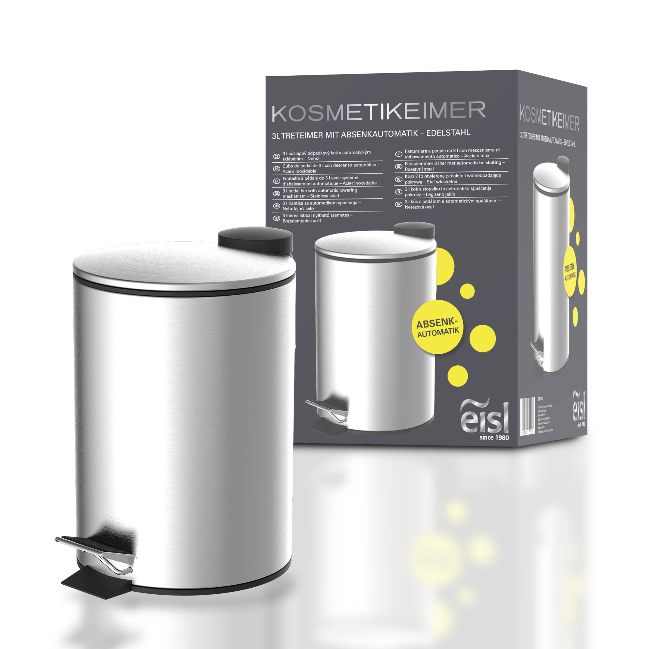 Kosmetik-Treteimer, Edelstahl, ca. 3 l, mit Absenkautomatik