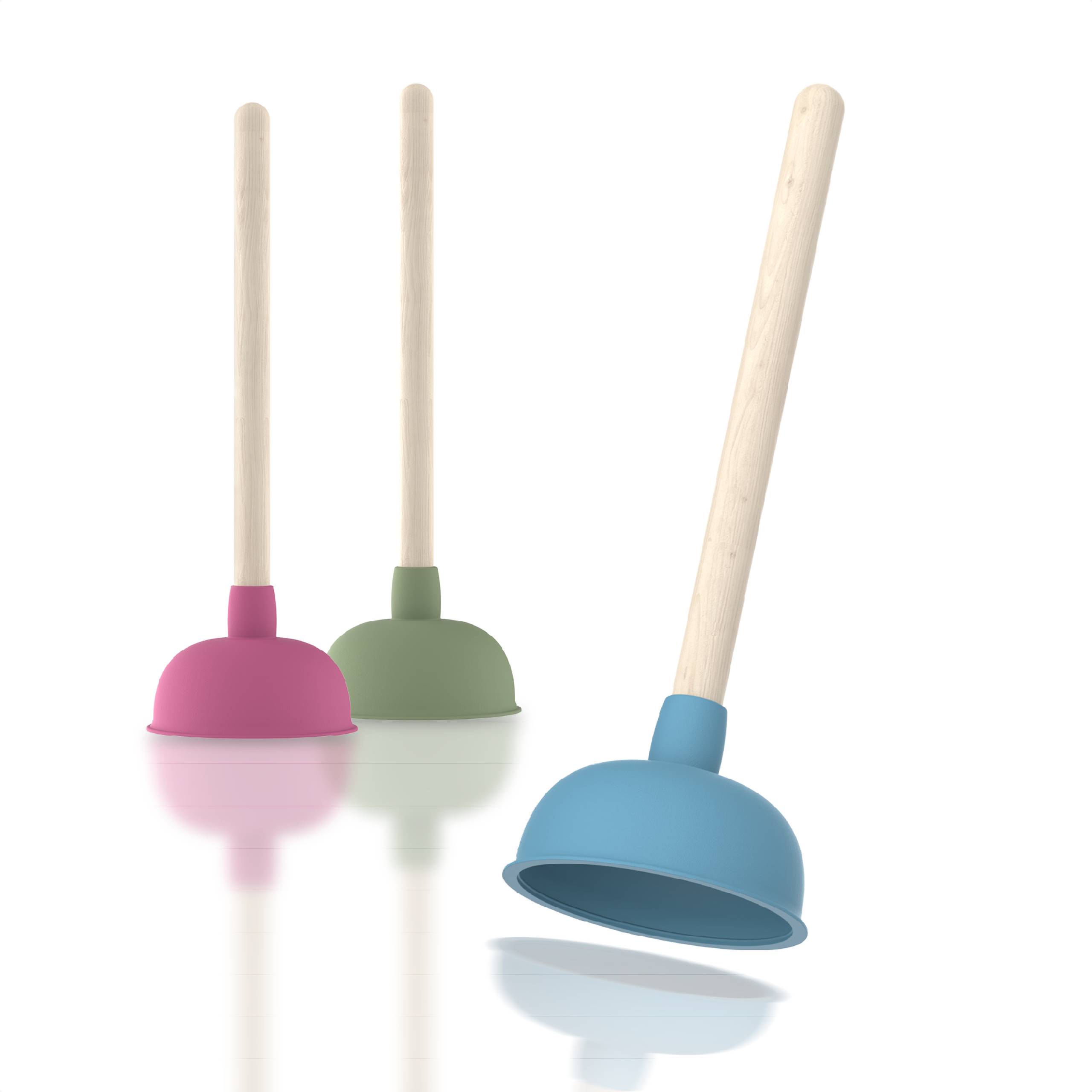 Drei bunte Saugglocken mit hölzernen Stielen stehen aufrecht; eine blaue im Vordergrund, eine rosa und eine grüne im Hintergrund.