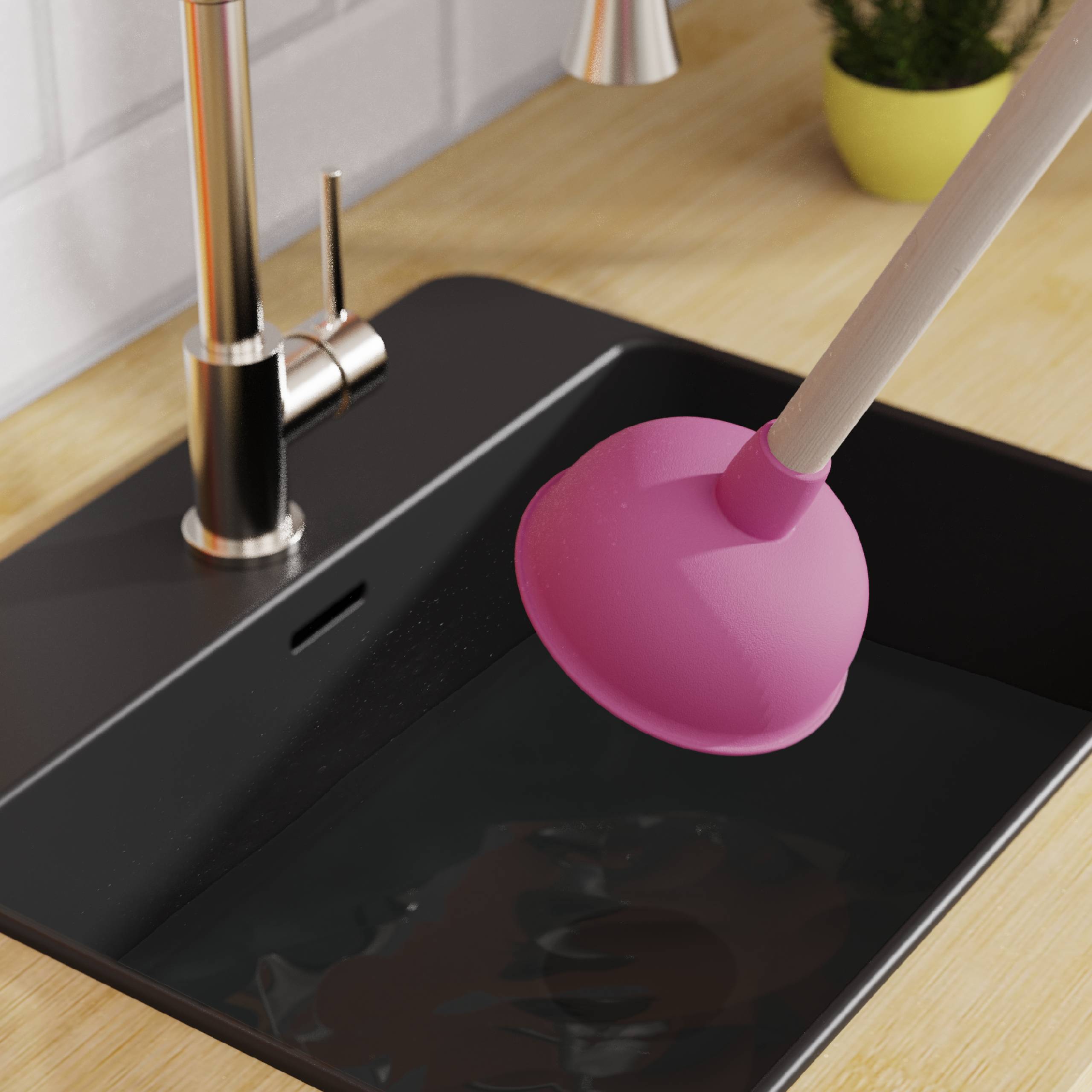 Ausgussreiniger, Pink, Ø 140 mm, mit Holzgriff