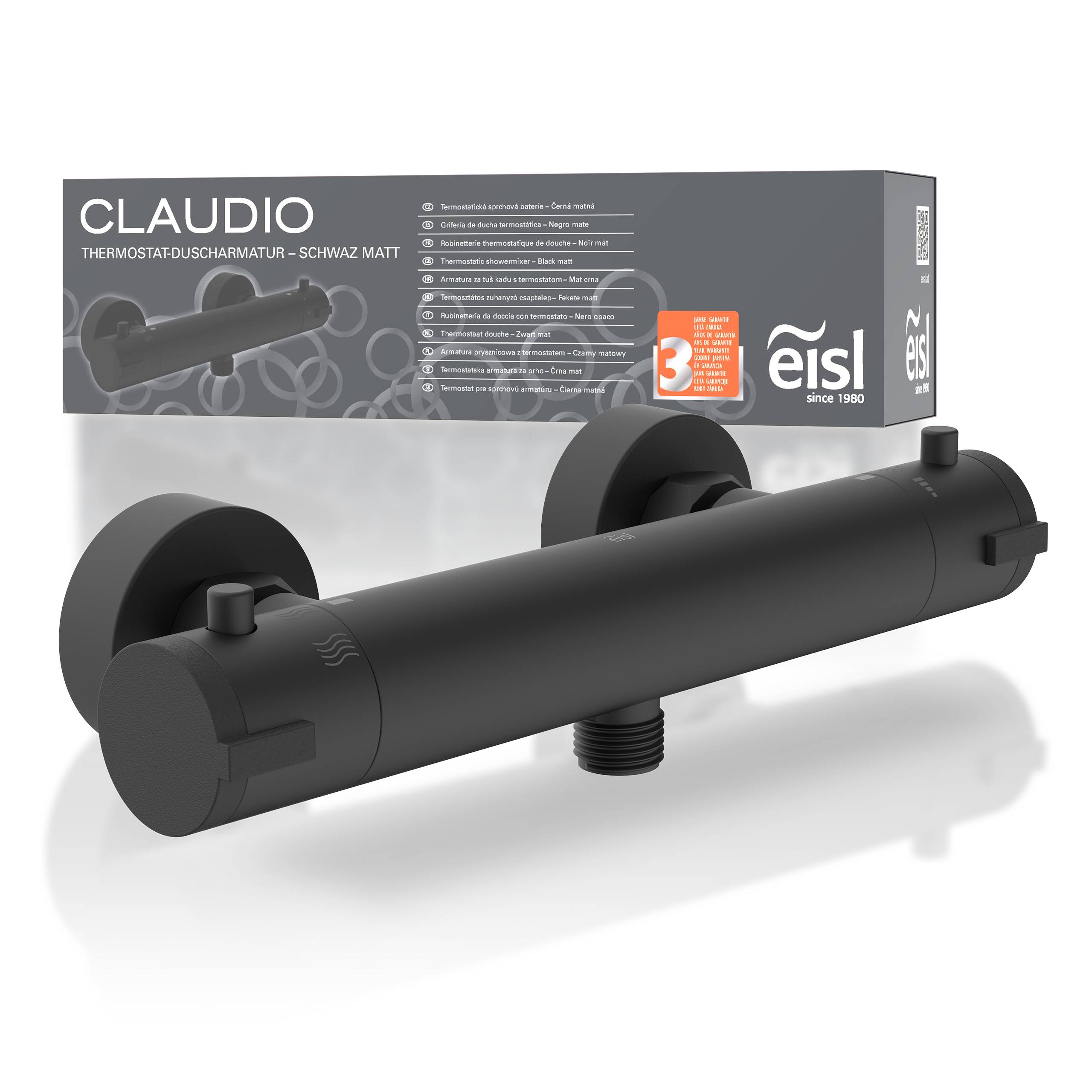 Ein matter schwarzer Thermostat-Brausemischer von Eisl, Modell 