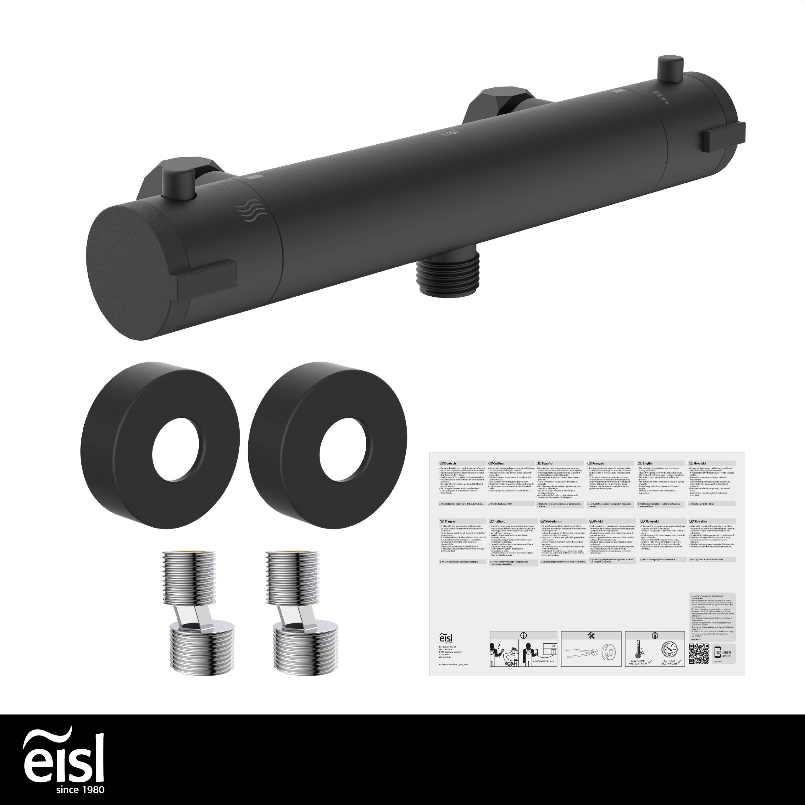 Schwarzes thermostatisches Duschventil mit Montagezubehör und Anleitung, Marke „Eisl seit 1980