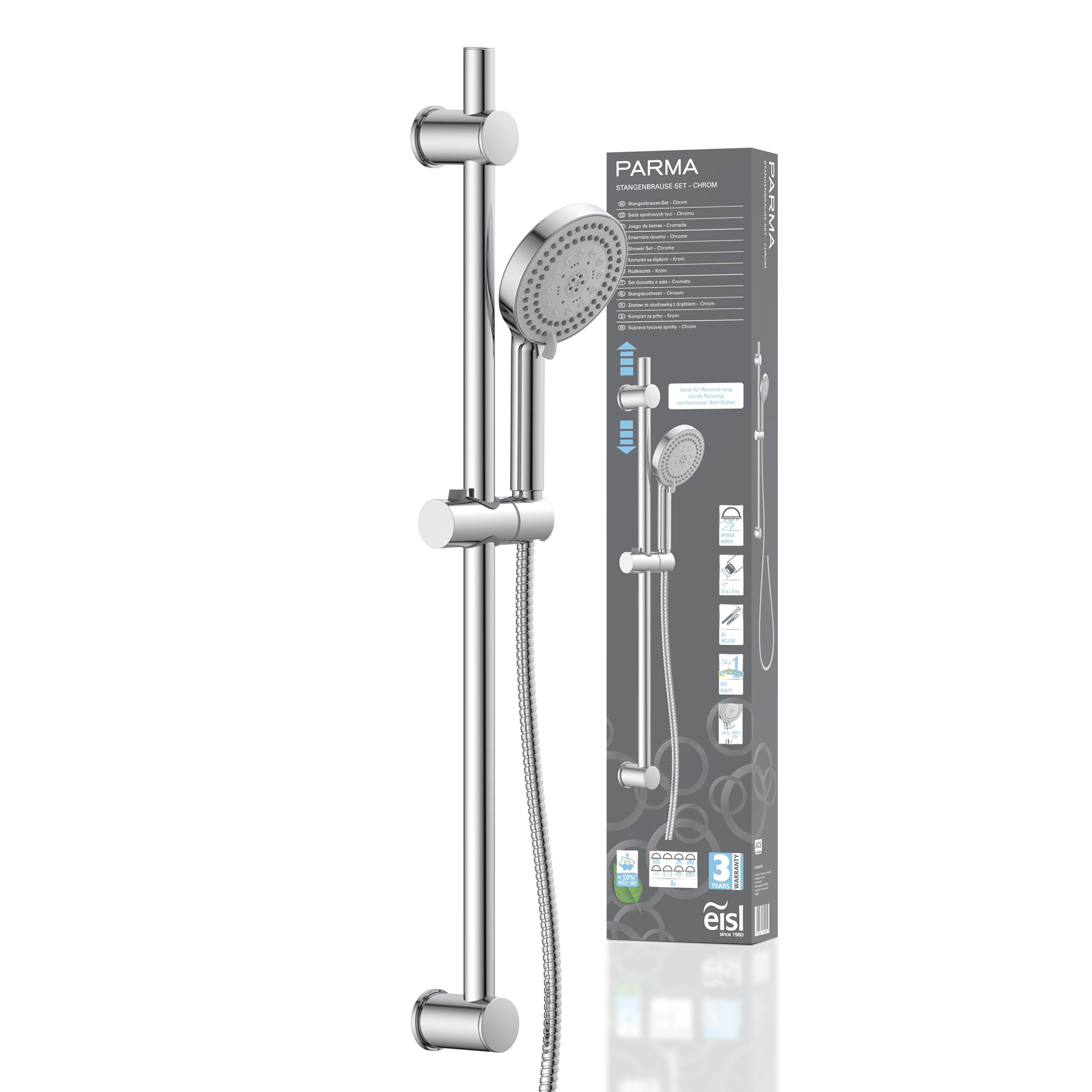 Ein verstellbarer Duschset aus Silber mit Handbrause, montiert auf einer Schiene. Die Verpackung im Hintergrund zeigt das Modell 'PARMA'.