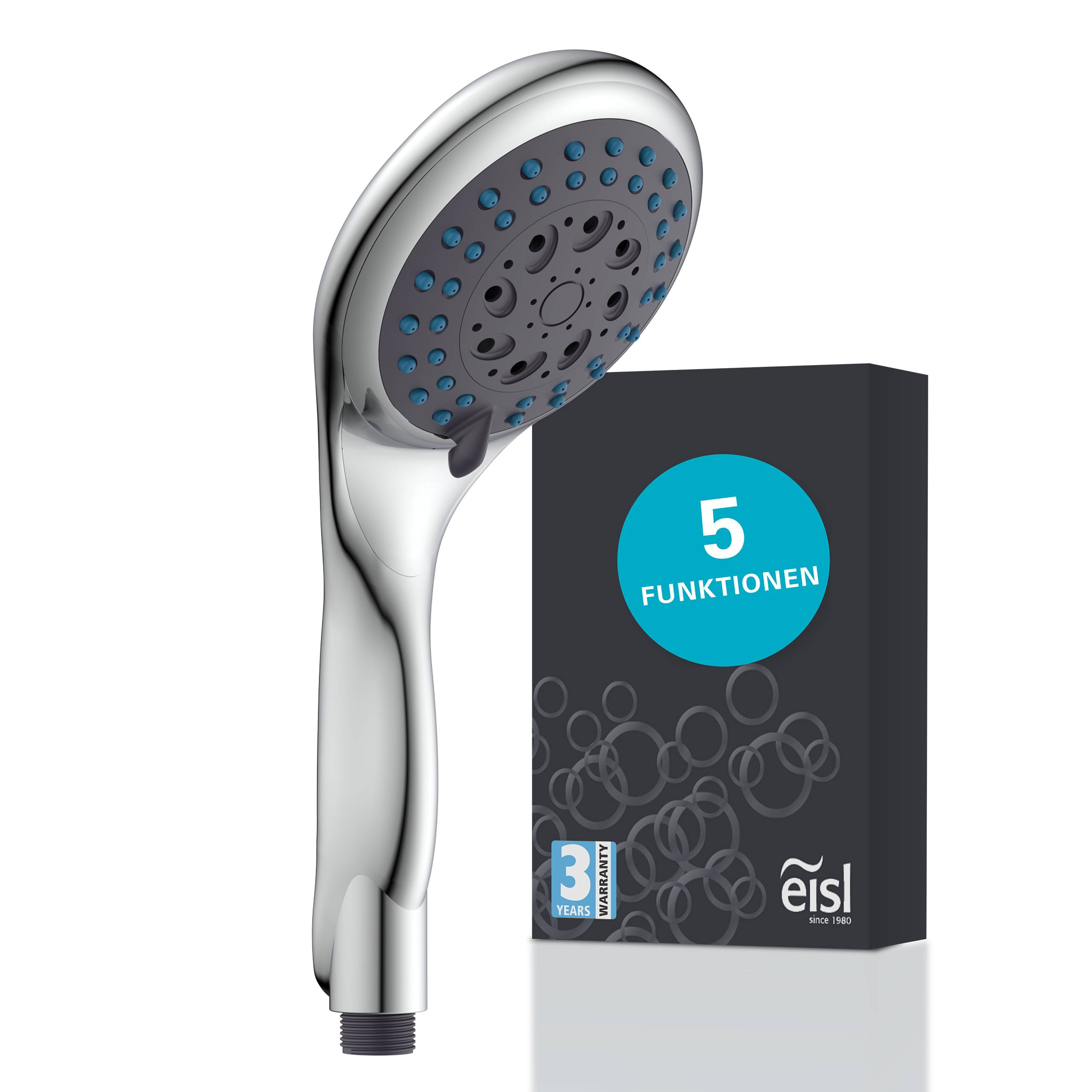 Ein verchromter Duschkopf mit schwarzem Wassersprühgesicht wird neben einer Schachtel mit der Aufschrift „5 Funktionen