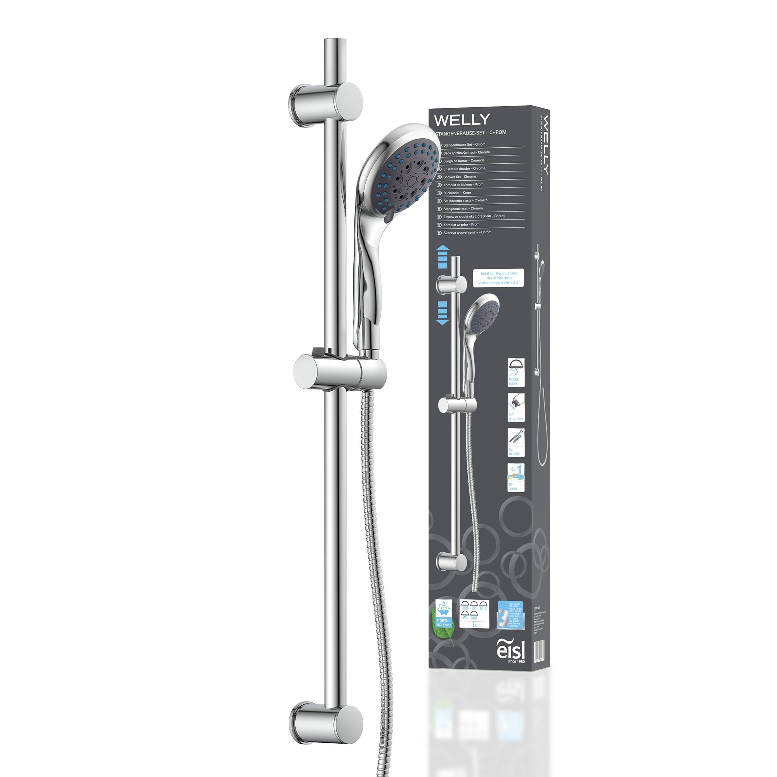 Ein moderner tragbarer Duschkopf, der an einer verstellbaren vertikalen Schiene befestigt ist, neben seiner Verpackungsbox mit Marken- und Produktdetails dargestellt.