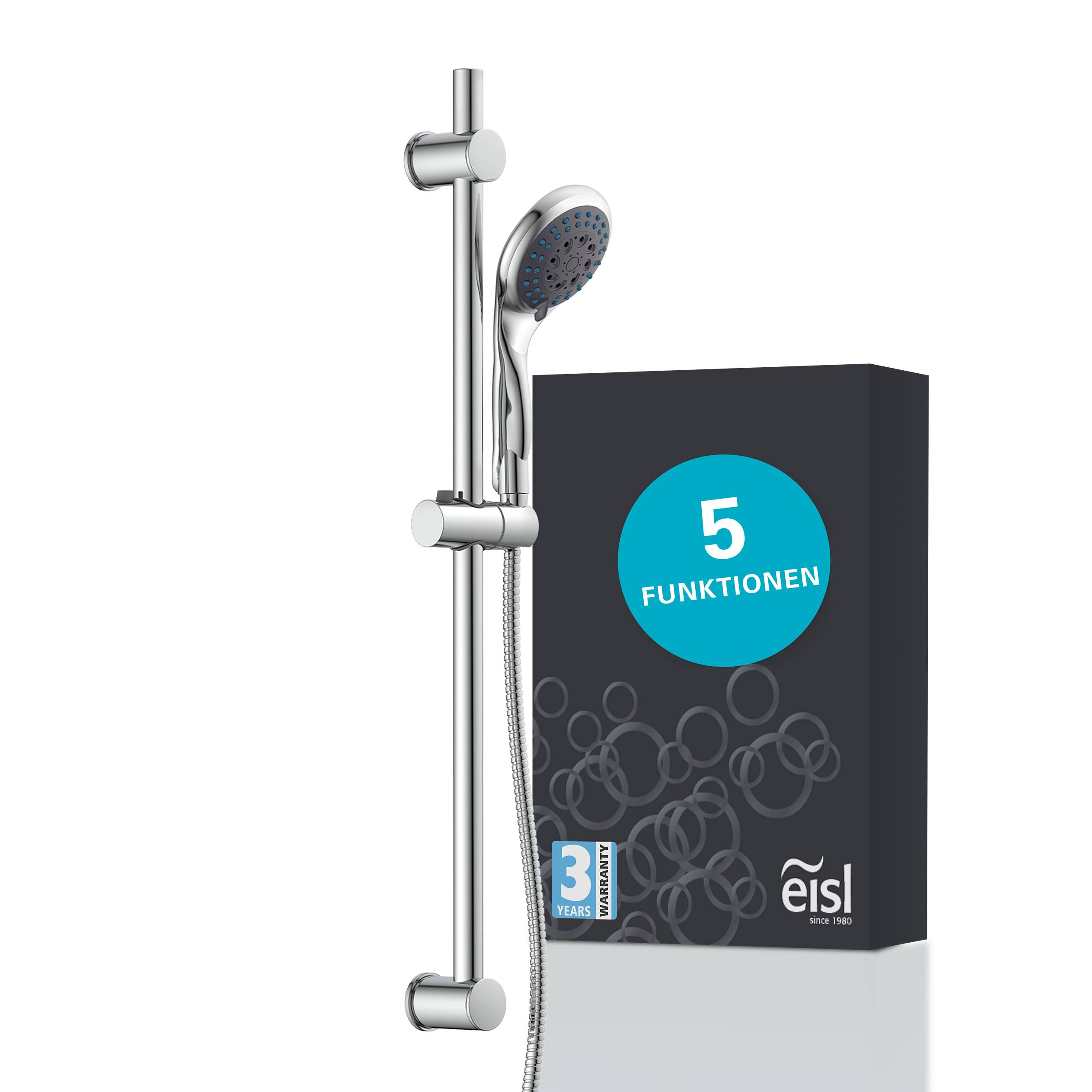 # Produktbox für ein Eisl Duschset, das eine Handbrause auf einer Chromschiene zeigt und das Label „5 FUNKTIONEN