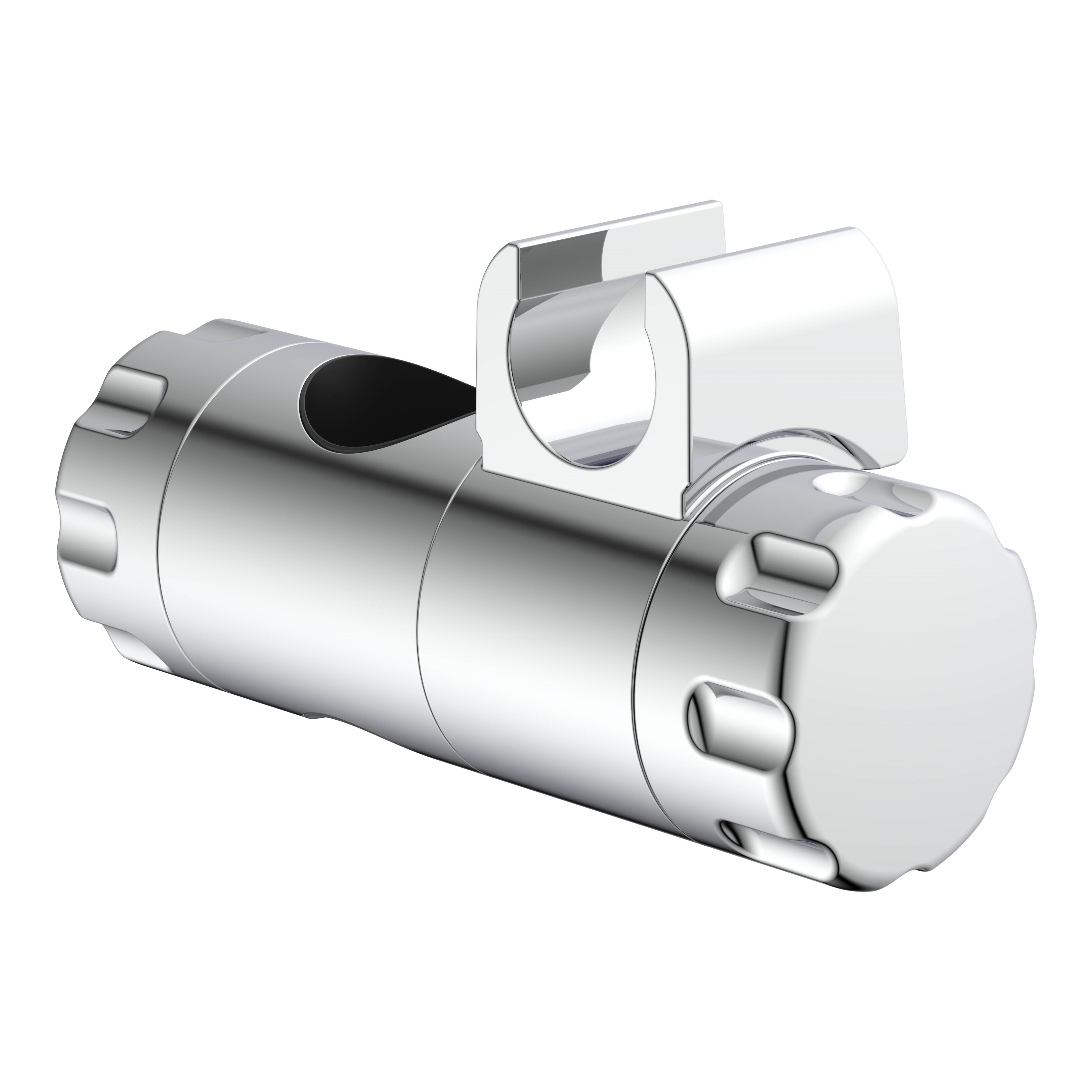 Ein zylindrischer Silbermetall-Gegenstand mit einem hohlen Bereich und einer oberen Klammer, möglicherweise eine Taschenlampe oder ein Werkzeugzubehör, vor einem schwarzen Hintergrund.