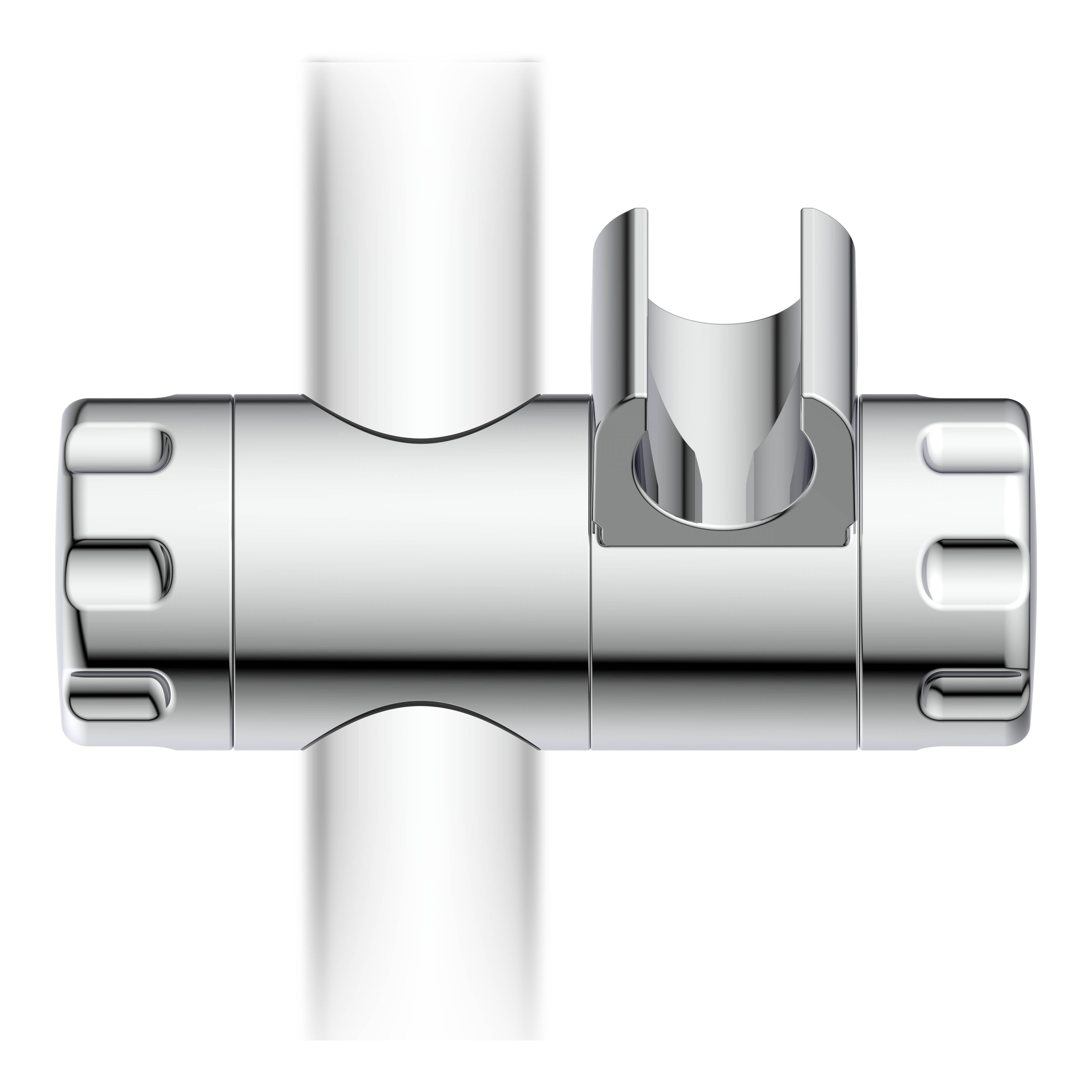 Ein glänzender Metallrohrverbinder mit einer Klemme auf schwarzem Hintergrund, mit zylindrischem Design und schraubenähnlichen Merkmalen an den Seiten.