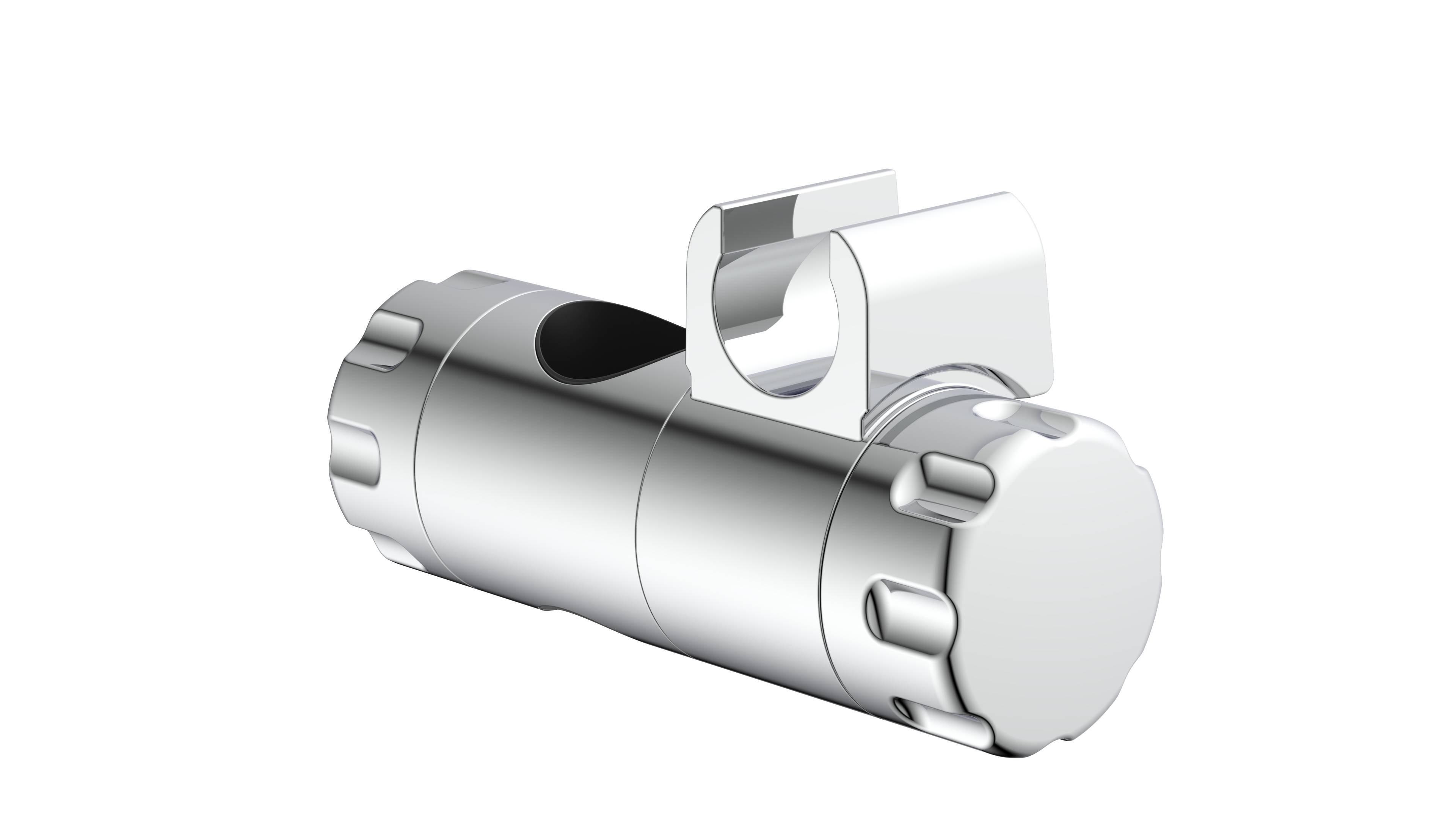 Ein metallisches zylindrisches Objekt mit einer Nut und einem angebrachten rechteckigen Teil, möglicherweise eine mechanische Komponente oder ein Werkzeugteil.