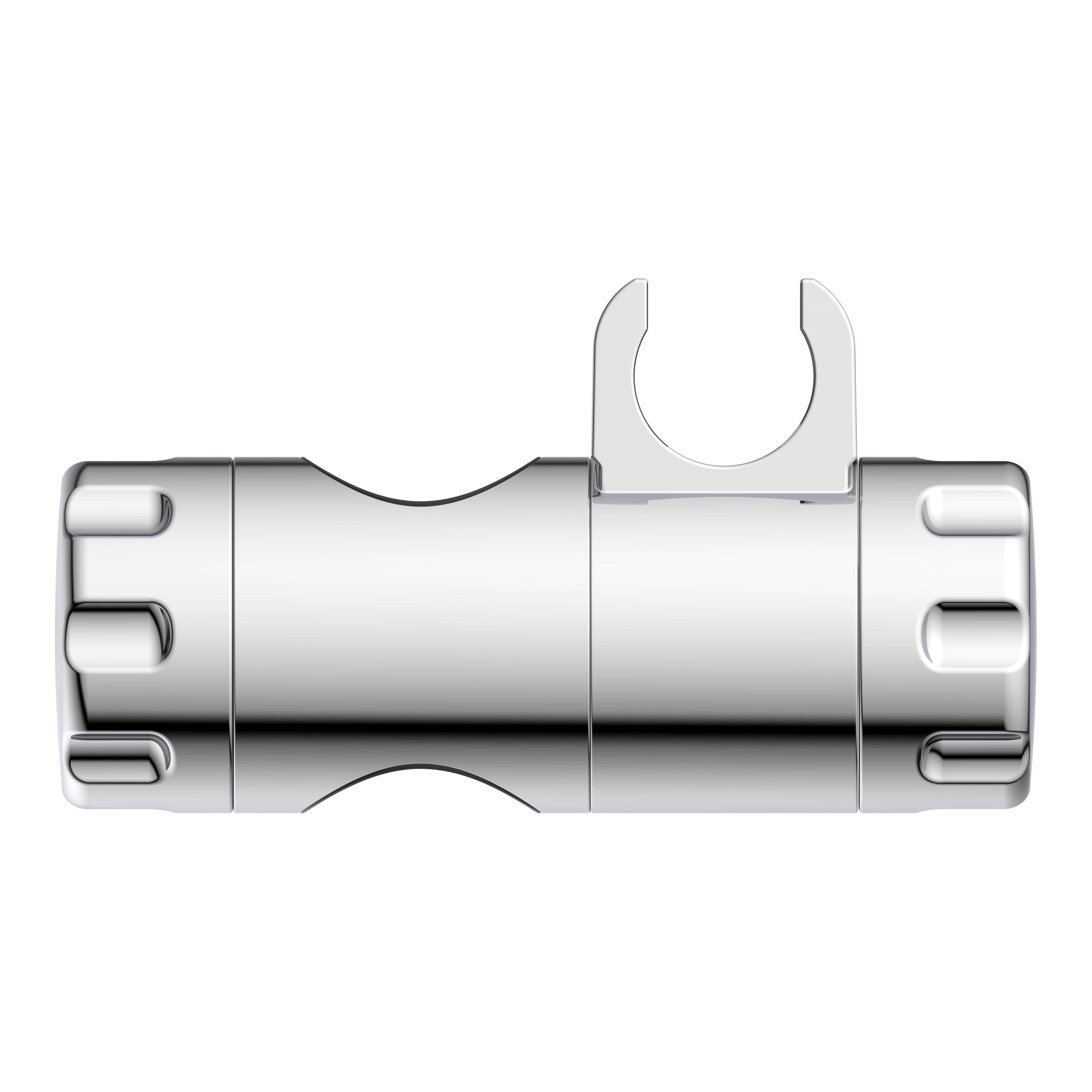 Ein silbernes, zylindrisches Maschinenteil mit Nuten und einer U-förmigen Halterung oben angebracht, vor schwarzem Hintergrund.