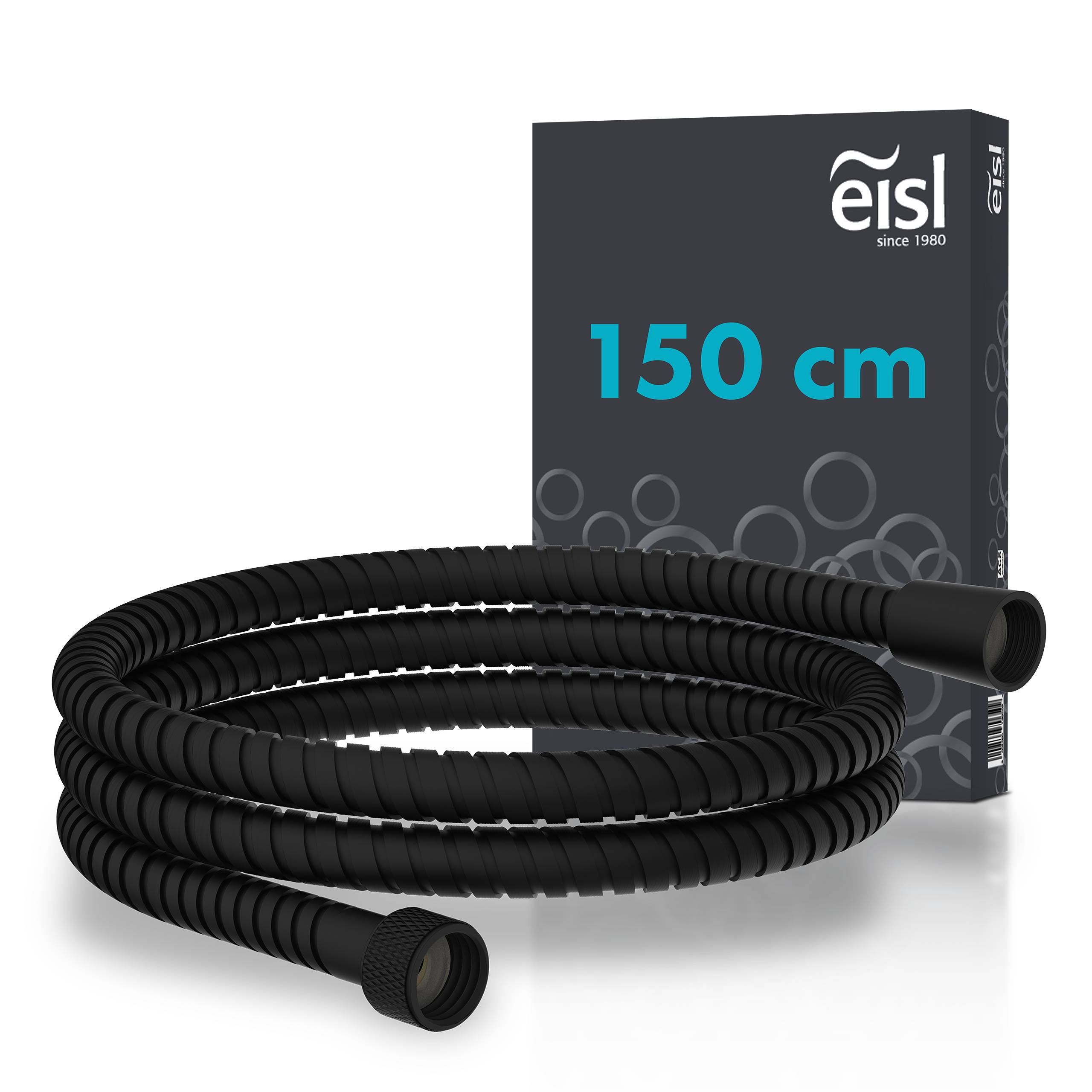 Ein aufgerollter schwarzer Duschschlauch, 150 cm lang, wird gegen seine Verpackungsbox mit der Aufschrift „Eisl seit 1980