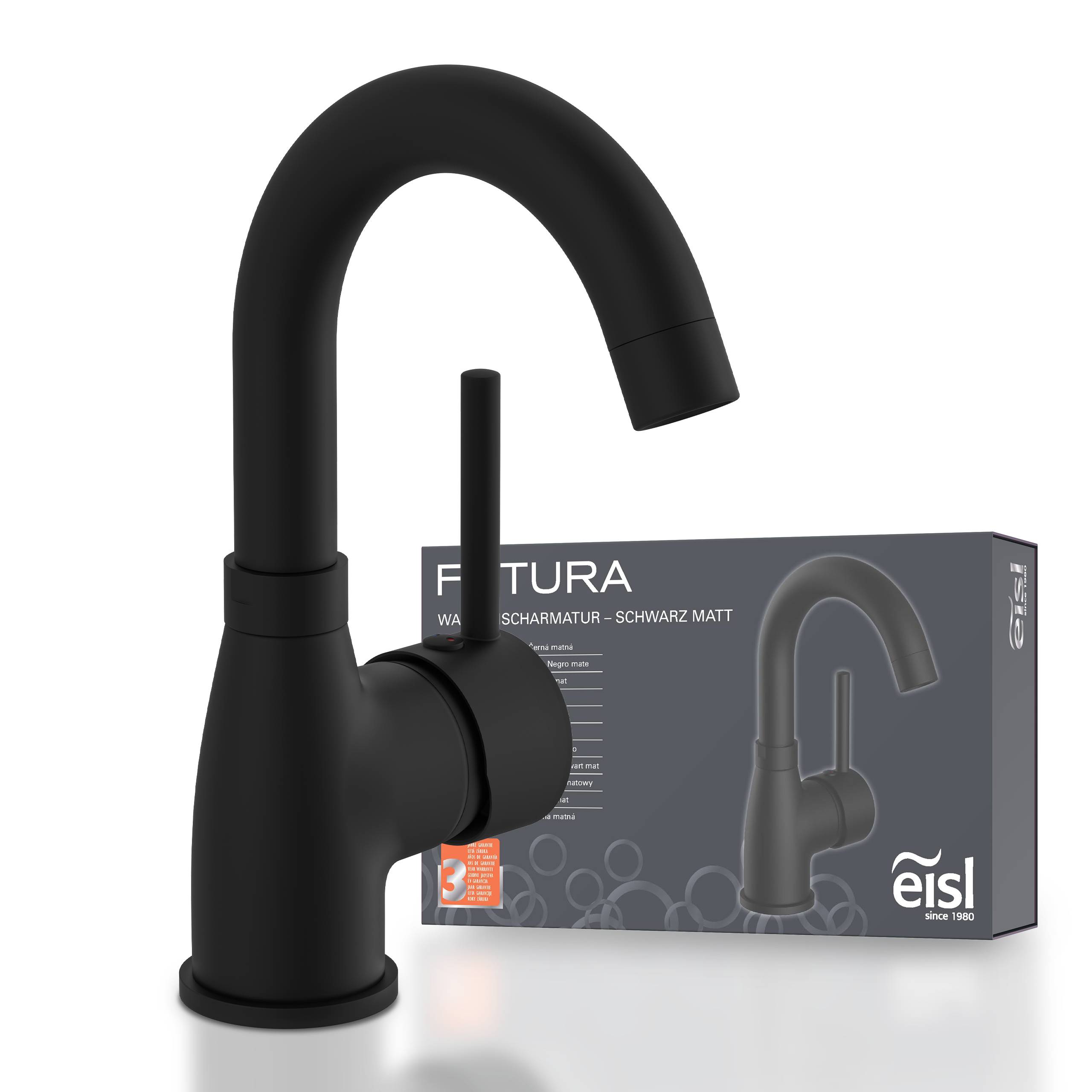 Ein schwarzer matter Küchenhahn mit gebogenem Auslauf und Seitenhebel ist neben seiner Verpackungsschachtel mit der Aufschrift „Eisl Futura