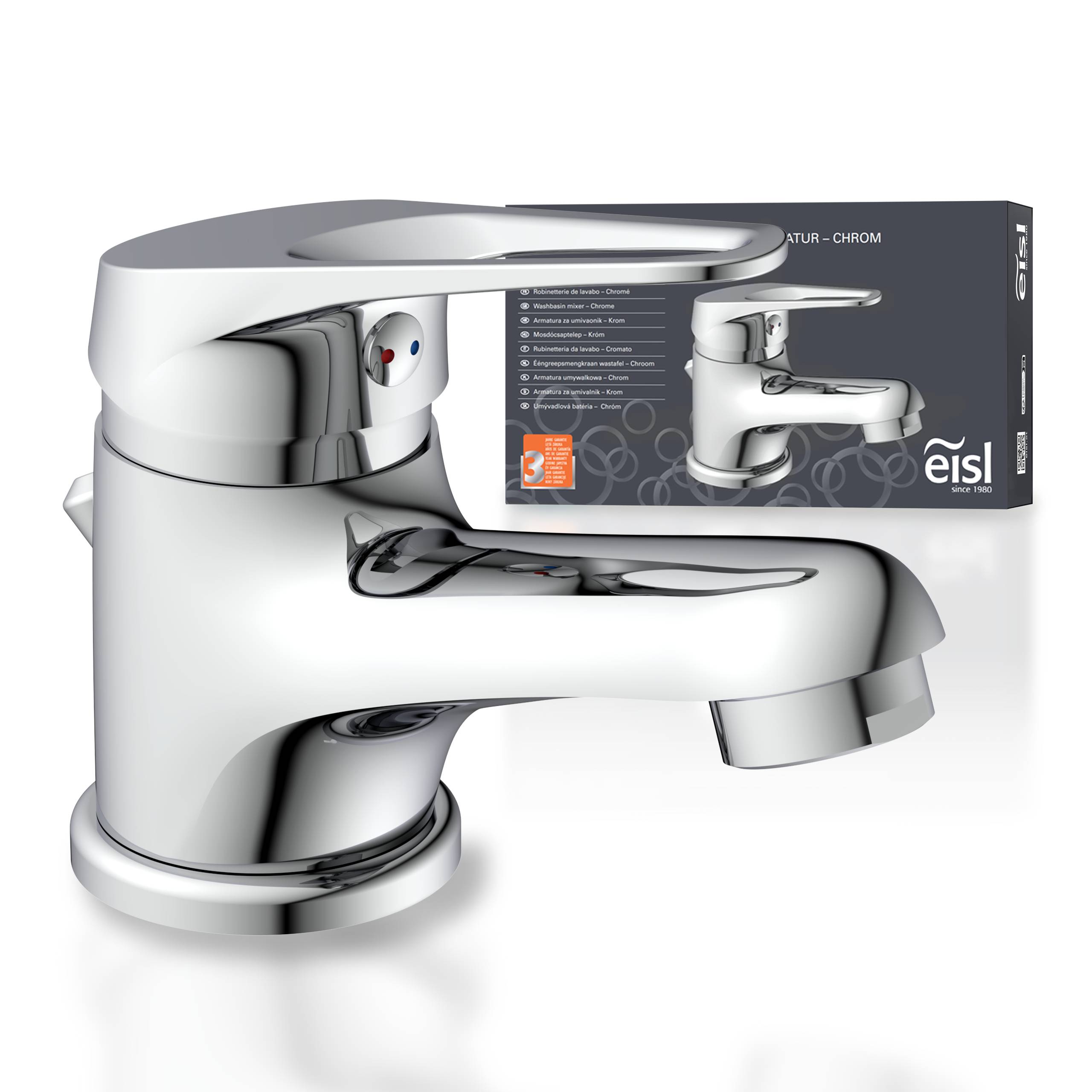 Ein Chrombadezimmerwasserhahn mit Hebelbedienung, gezeigt mit seiner Verpackung, die Markeninformationen und ein kleineres Bild desselben Wasserhahns anzeigt.