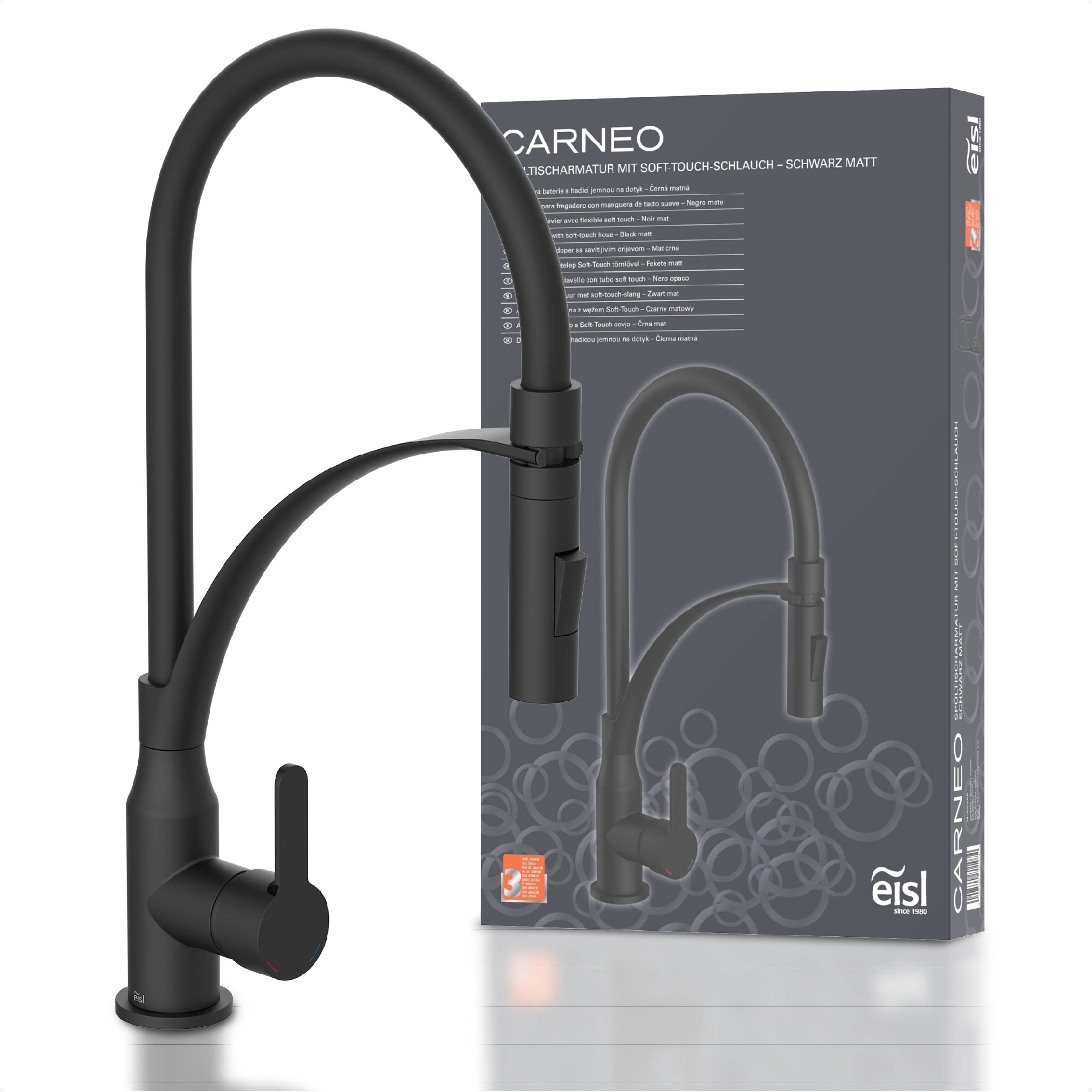 CARNEO Spültischarmatur, Schwarz matt/Schwarz, mit Soft-Touch Schlauch
