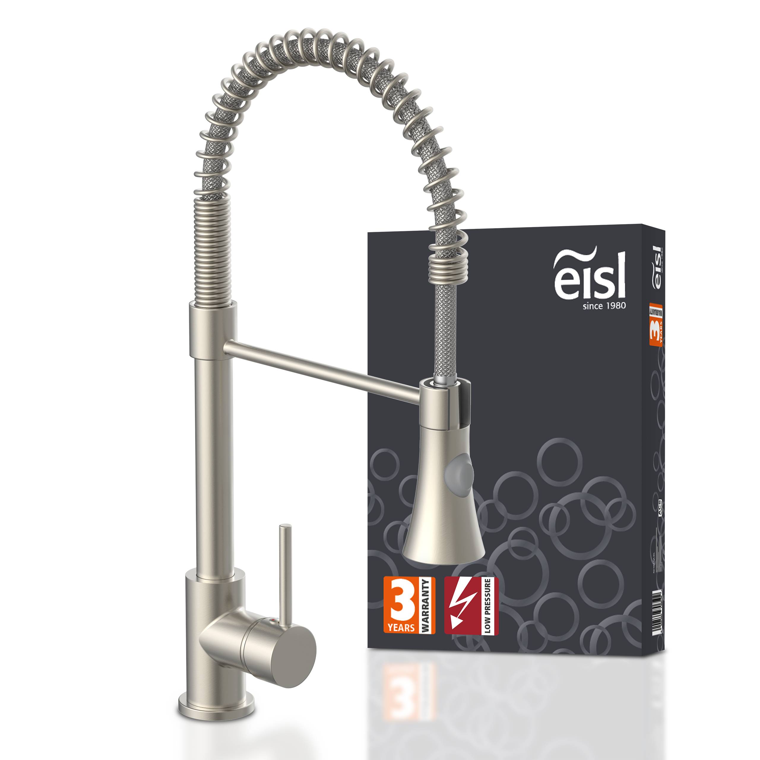 Ein moderner Küchenarmatur mit flexiblem Spulenfeder-Design, gezeigt neben seiner Verpackung. Die Box hebt eine 3-jährige Garantie hervor.