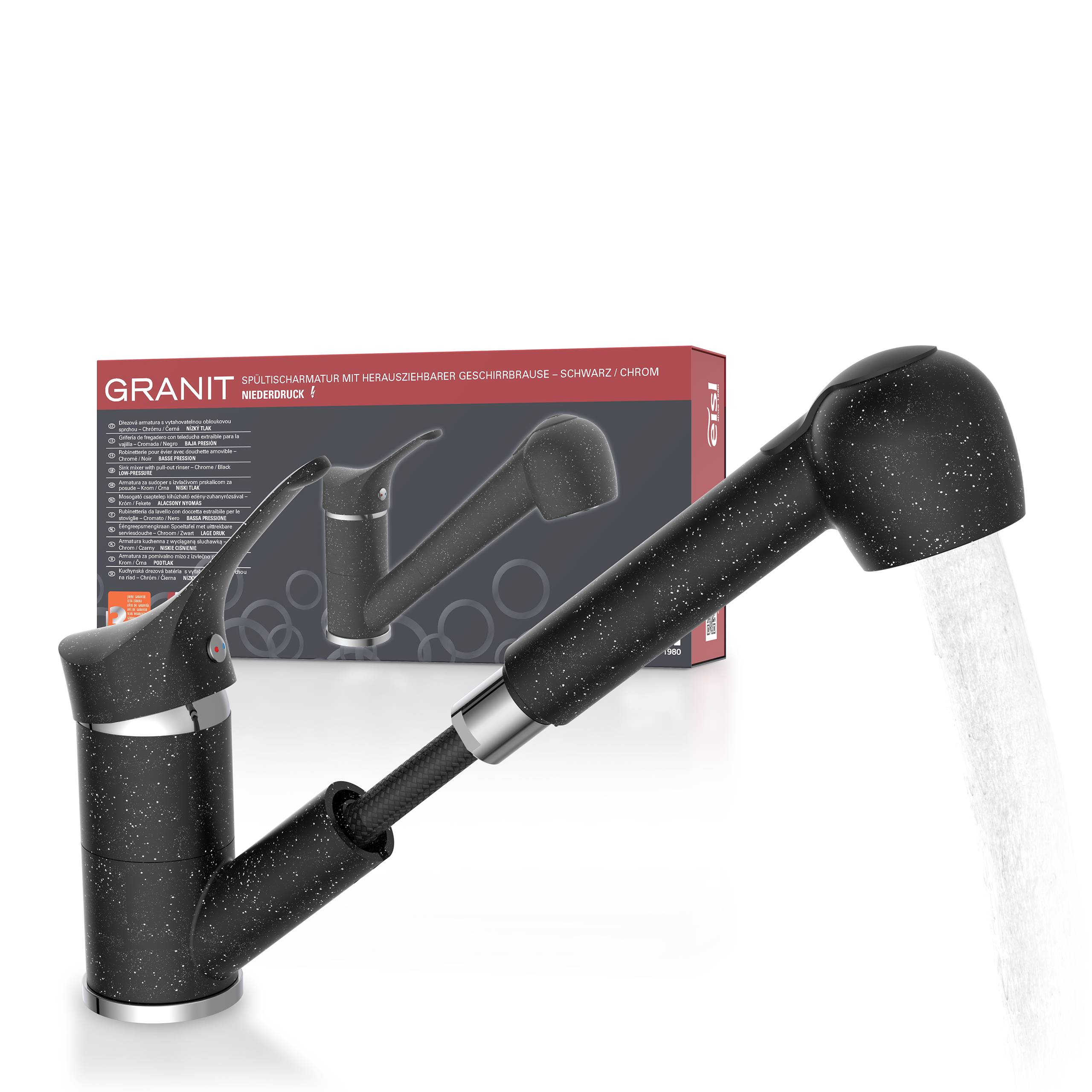 Küchenarmatur mit Granitoptik und ausziehbarem Sprühkopf, präsentiert vor ihrer Verpackungsschachtel.
