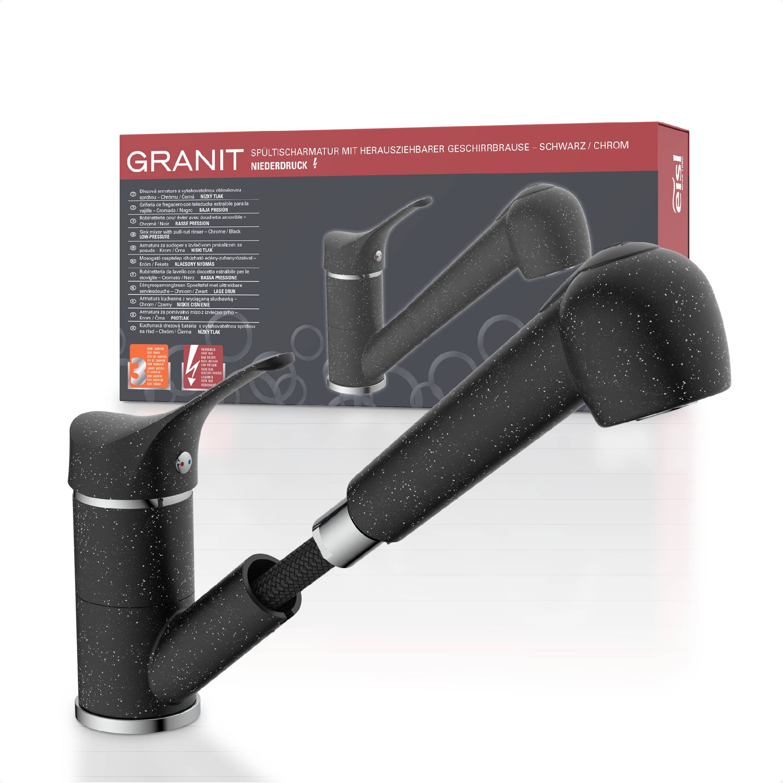 GRANIT Spültischarmatur Niederdruck, Granit Schwarz/Chrom, mit herausziehbarer Geschirrbrause