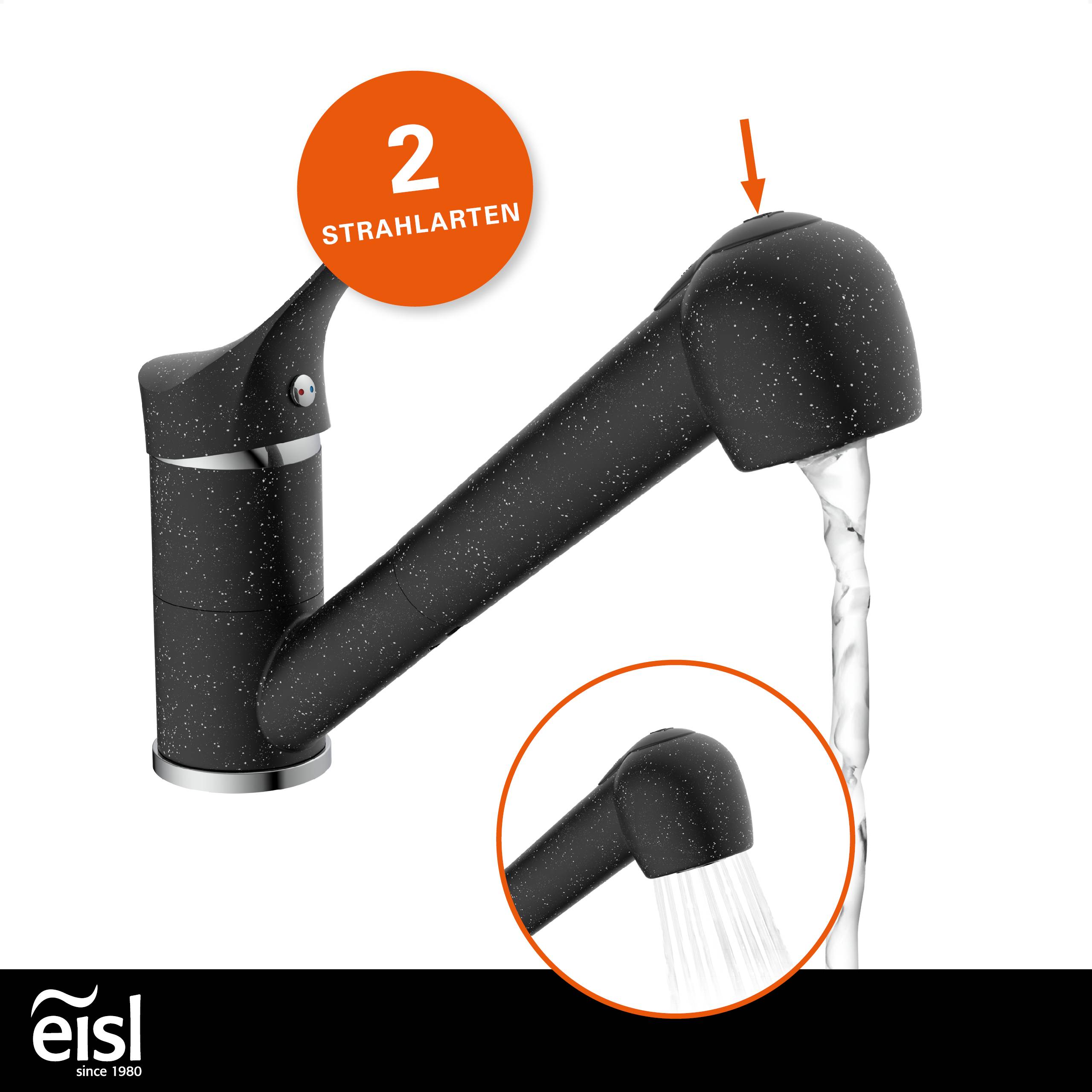 GRANIT Spültischarmatur Niederdruck, Granit Schwarz/Chrom, mit herausziehbarer Geschirrbrause