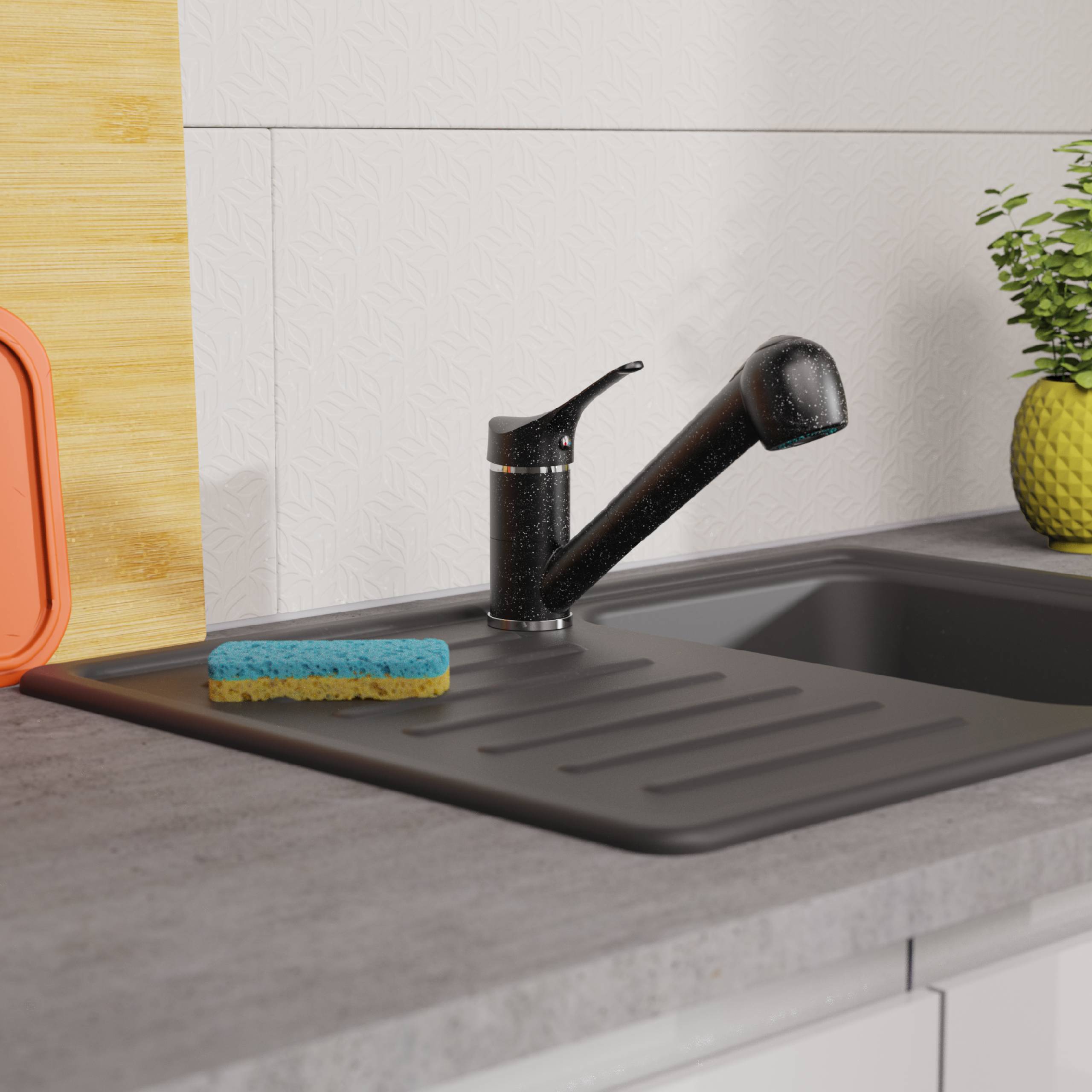 GRANIT Spültischarmatur Niederdruck, Granit Schwarz/Chrom, mit herausziehbarer Geschirrbrause