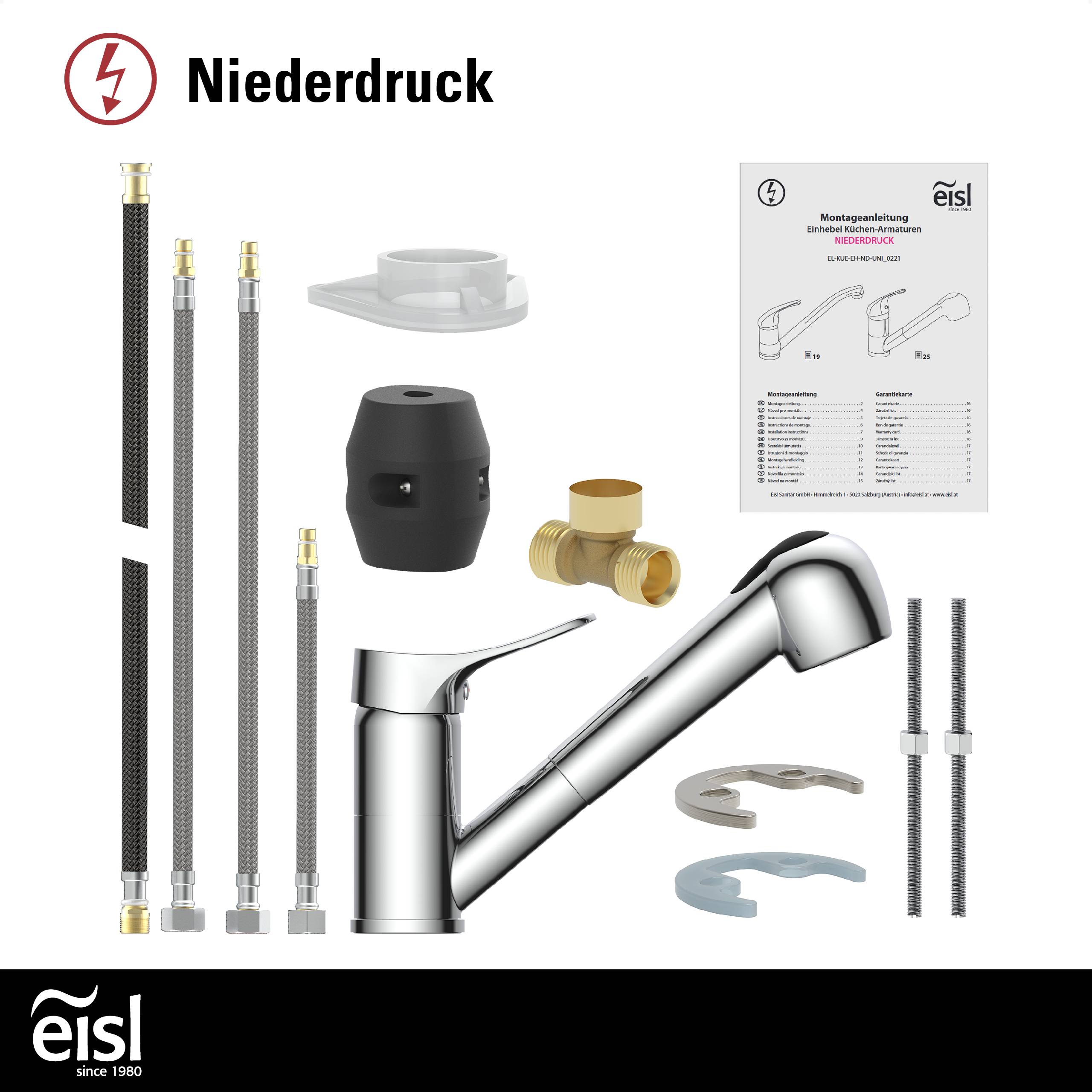 VERONA Spültischarmatur Niederdruck, Chrom, mit herausziehbarer Geschirrbrause