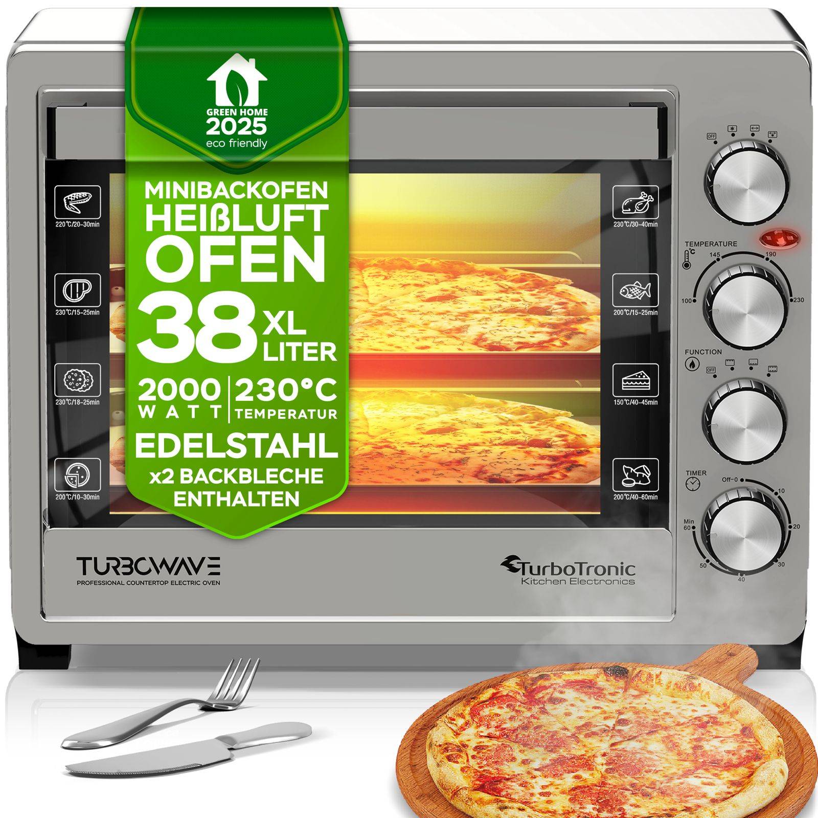 TurboTronic 38 Liter Minibackofen mit Umluft und Drehspieß, Edelstahl, inkl. 2x Backblech, 2000W Mini Tisch Backofen Camping Pizzaofen Klein/Groß Ko