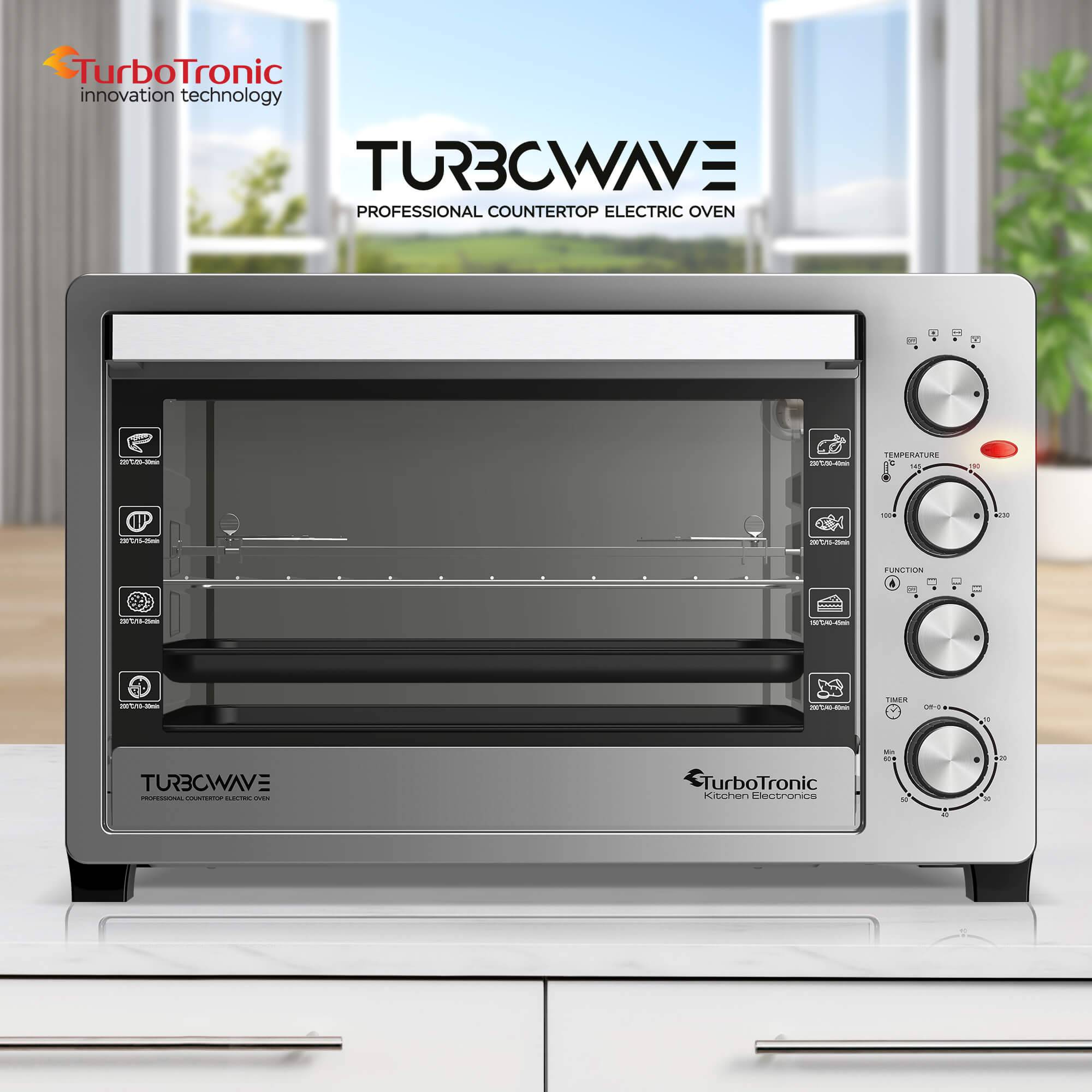 TurboTronic 38 Liter Minibackofen mit Umluft und Drehspieß, Edelstahl, inkl. 2x Backblech, 2000W Mini Tisch Backofen Camping Pizzaofen Klein/Groß Ko