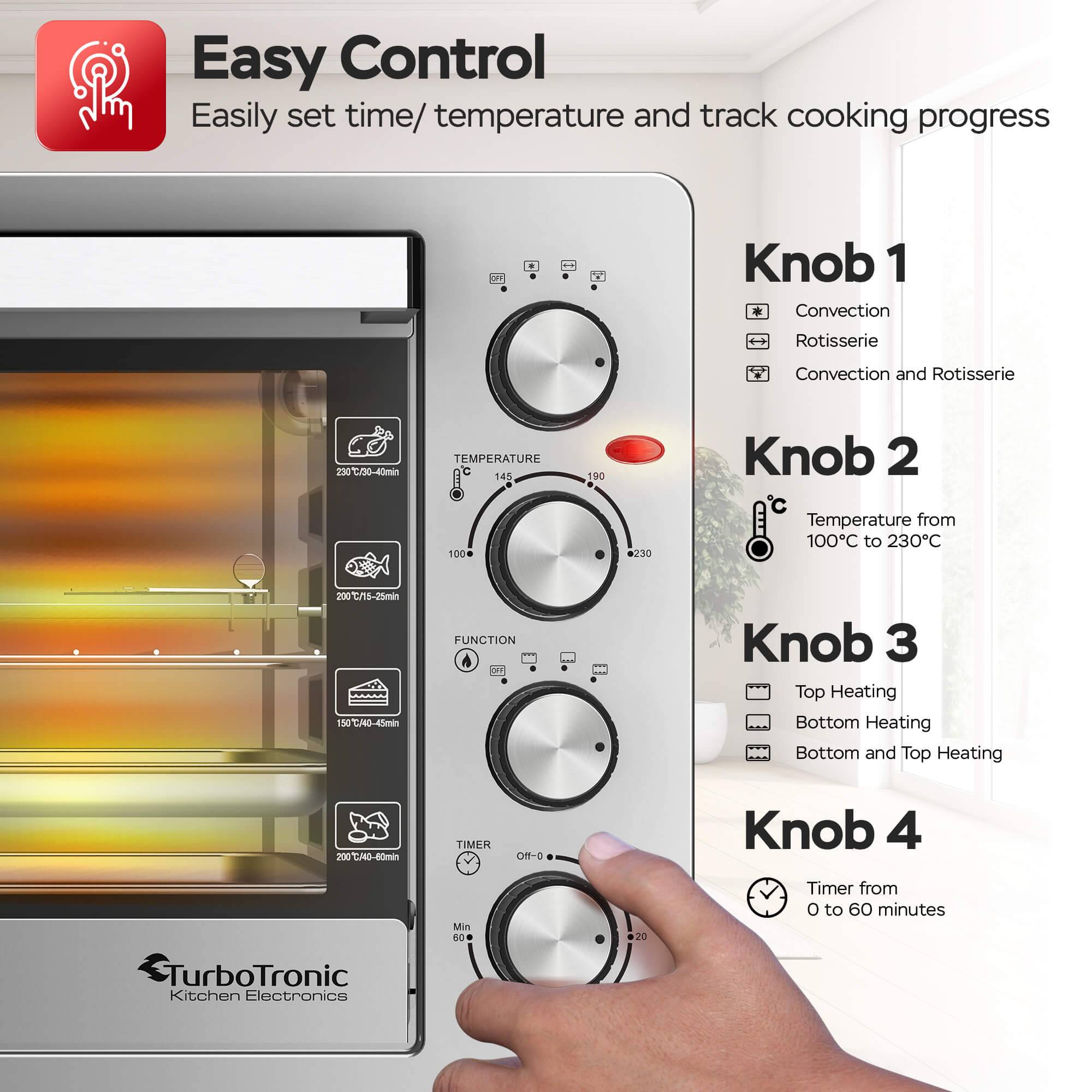 TurboTronic 38 Liter Minibackofen mit Umluft und Drehspieß, Edelstahl, inkl. 2x Backblech, 2000W Mini Tisch Backofen Camping Pizzaofen Klein/Groß Ko