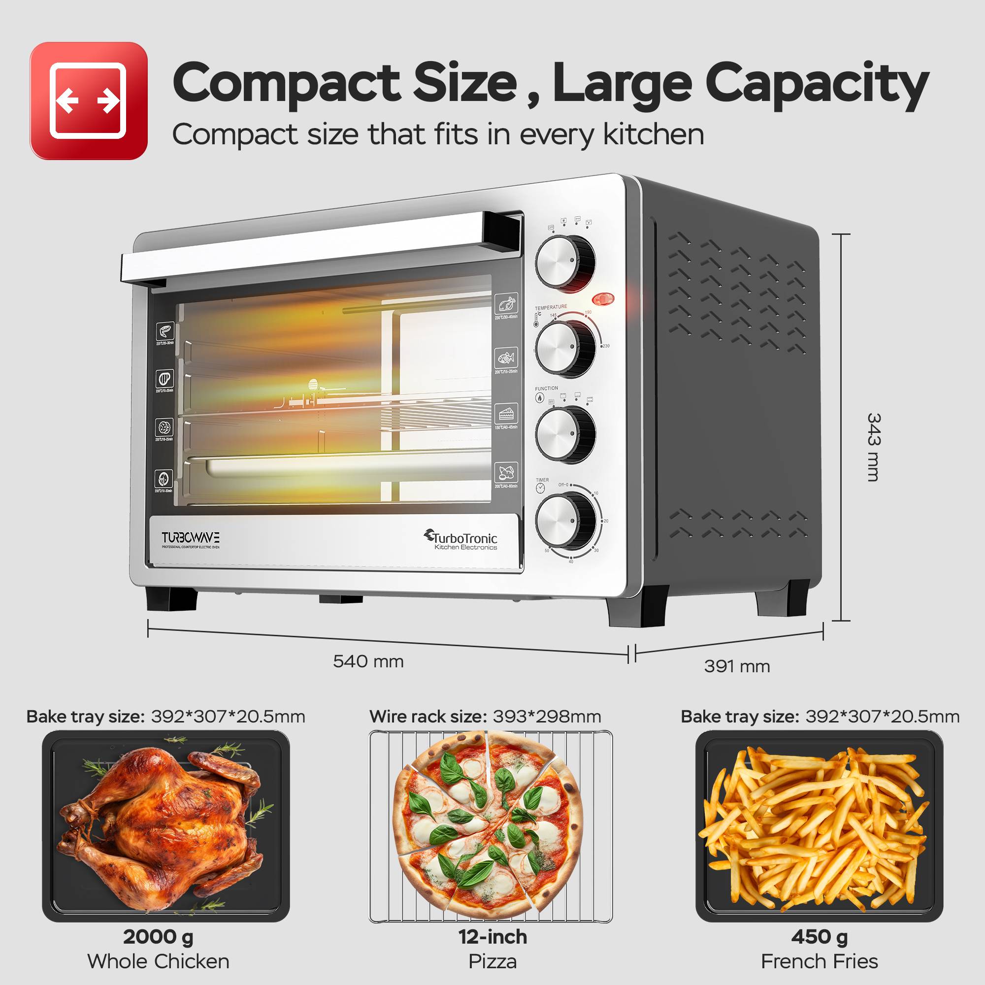 TurboTronic 38 Liter Minibackofen mit Umluft und Drehspieß, Edelstahl, inkl. 2x Backblech, 2000W Mini Tisch Backofen Camping Pizzaofen Klein/Groß Ko