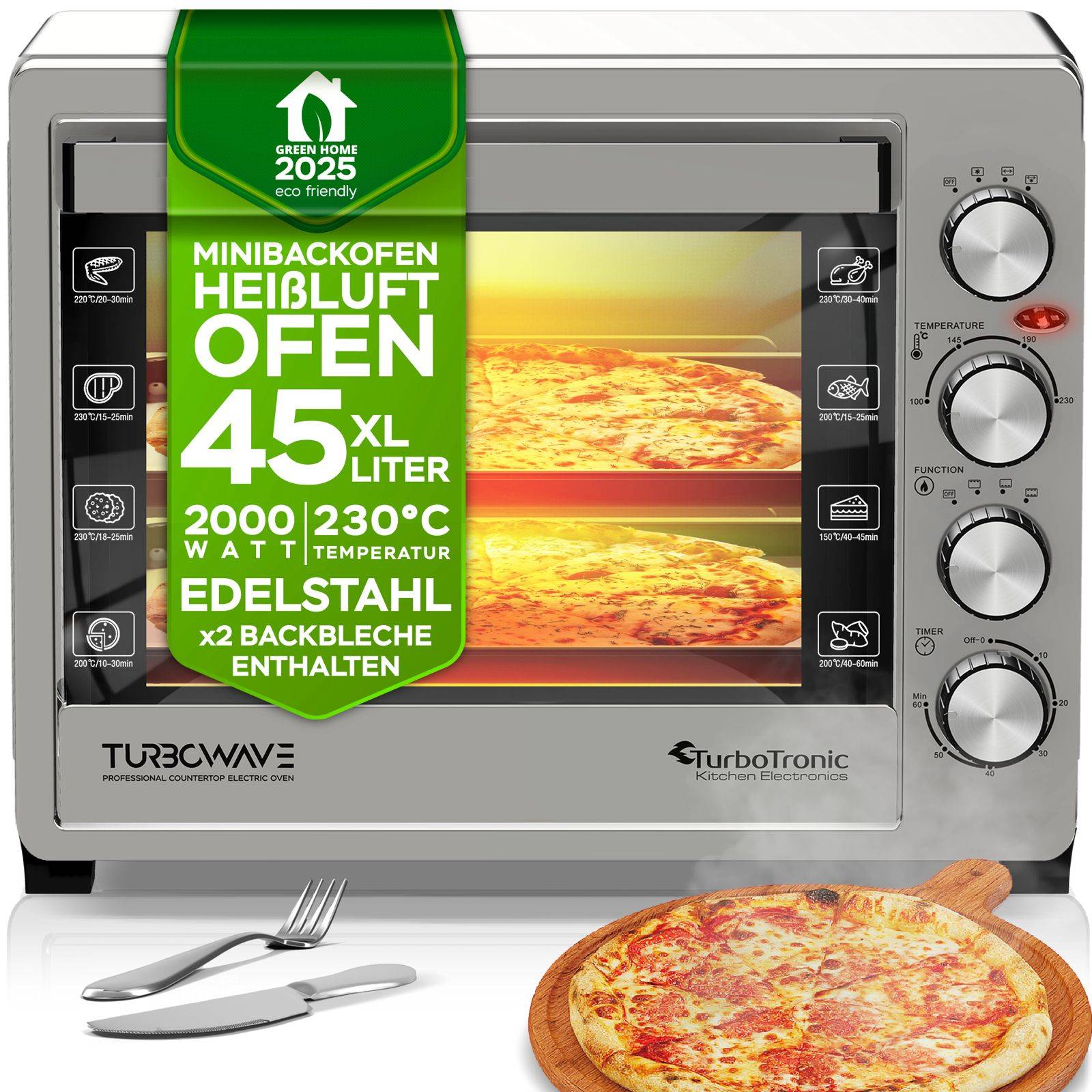 TurboTronic 45 Liter Minibackofen mit Umluft und Drehspieß, Edelstahl, inkl. 2x Backblech, 2000W Mini Tisch Backofen Camping Pizzaofen Klein/Groß Ko