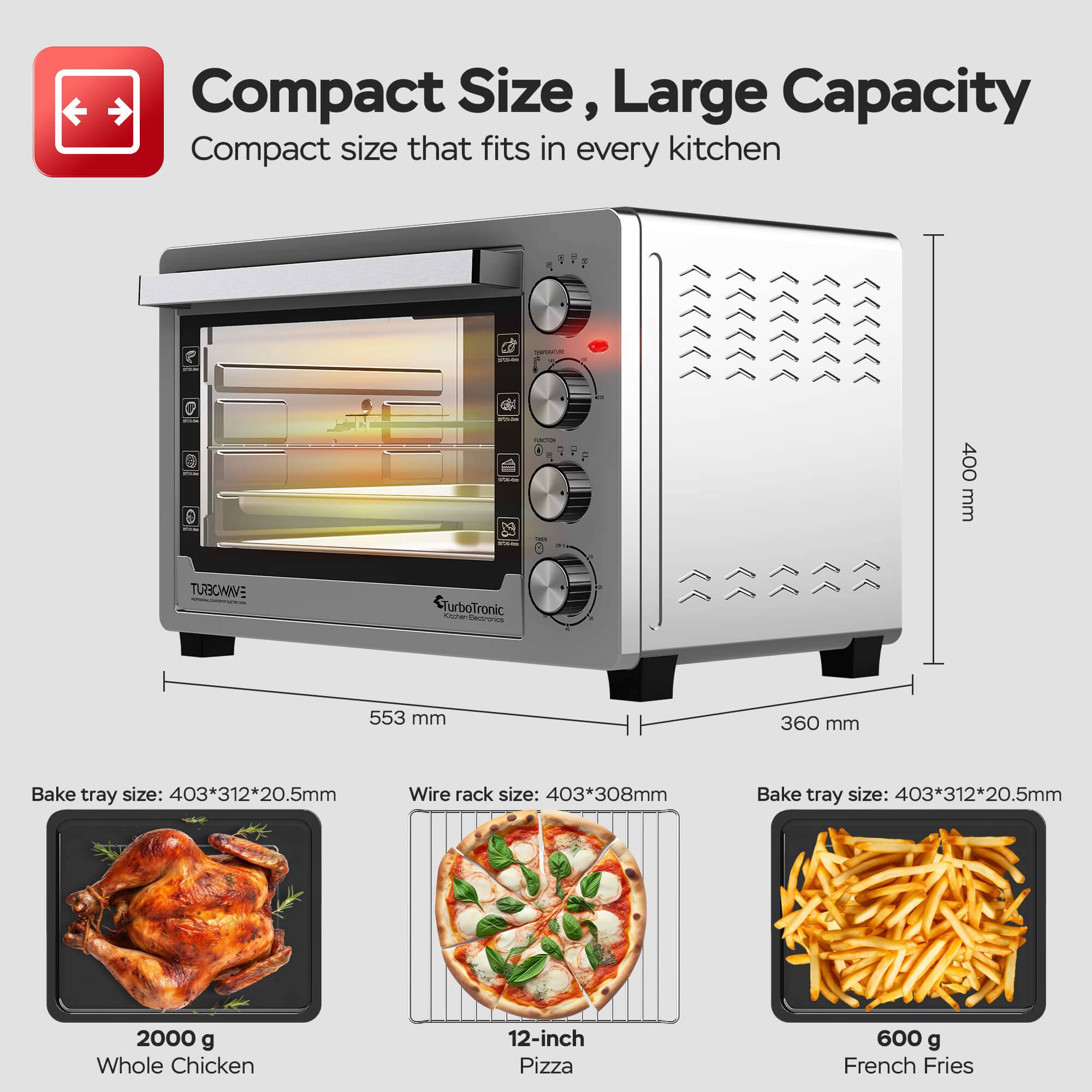 TurboTronic 45 Liter Minibackofen mit Umluft und Drehspieß, Edelstahl, inkl. 2x Backblech, 2000W Mini Tisch Backofen Camping Pizzaofen Klein/Groß Ko