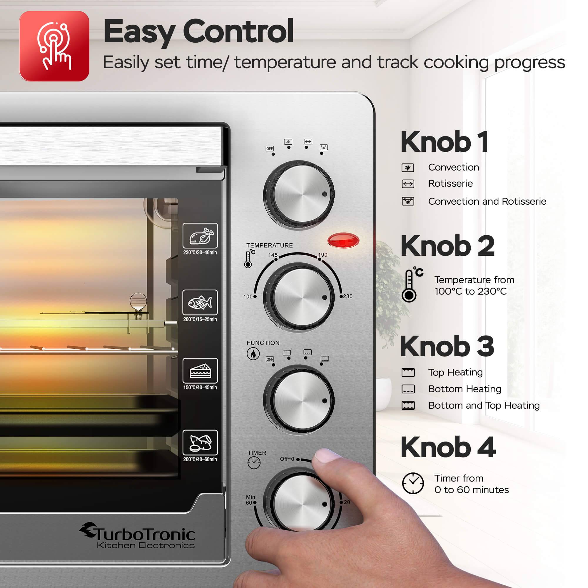 TurboTronic 45 Liter Minibackofen mit Umluft und Drehspieß, Edelstahl, inkl. 2x Backblech, 2000W Mini Tisch Backofen Camping Pizzaofen Klein/Groß Ko