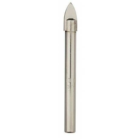 Ein Metallbohraufsatz mit einer spitzen, flachen Spitze auf einem einfachen weißen Hintergrund.