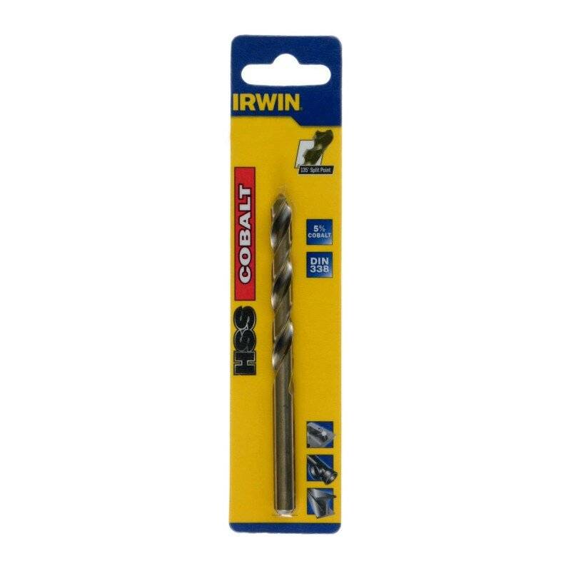 IRWIN HSS-Kobalt-Spiralbohrer in gelb-blauer Einzelhandelsverpackung, mit der Beschriftung „5% KOBALT