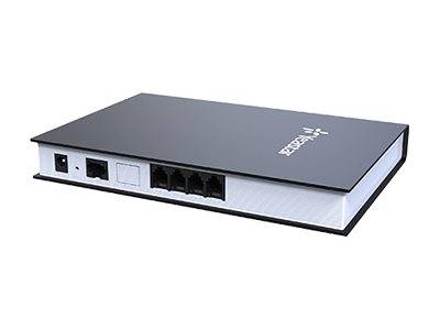 Ein schlanker schwarzer und weißer Netzwerk-Switch mit mehreren sichtbaren Ethernet-Ports, einschließlich Stromanschluss und Logo auf der Oberfläche.