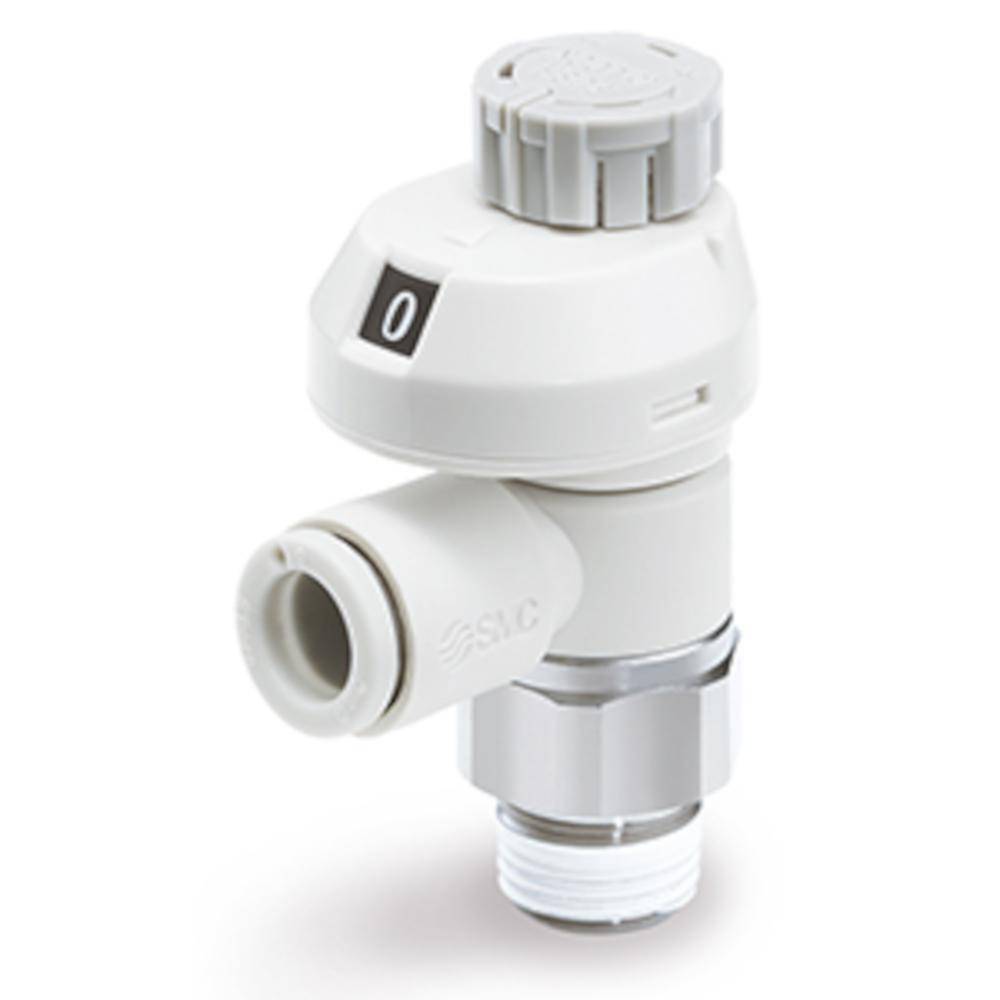 Drosselrückschlagventil AS4201FS-04-10S - Messing/PBT - max. 10 bar - Schlauch-Außen-Ø 10 mm - Gewinde R 1/2" - mit Ziffernanzeige und PTFE-Beschic